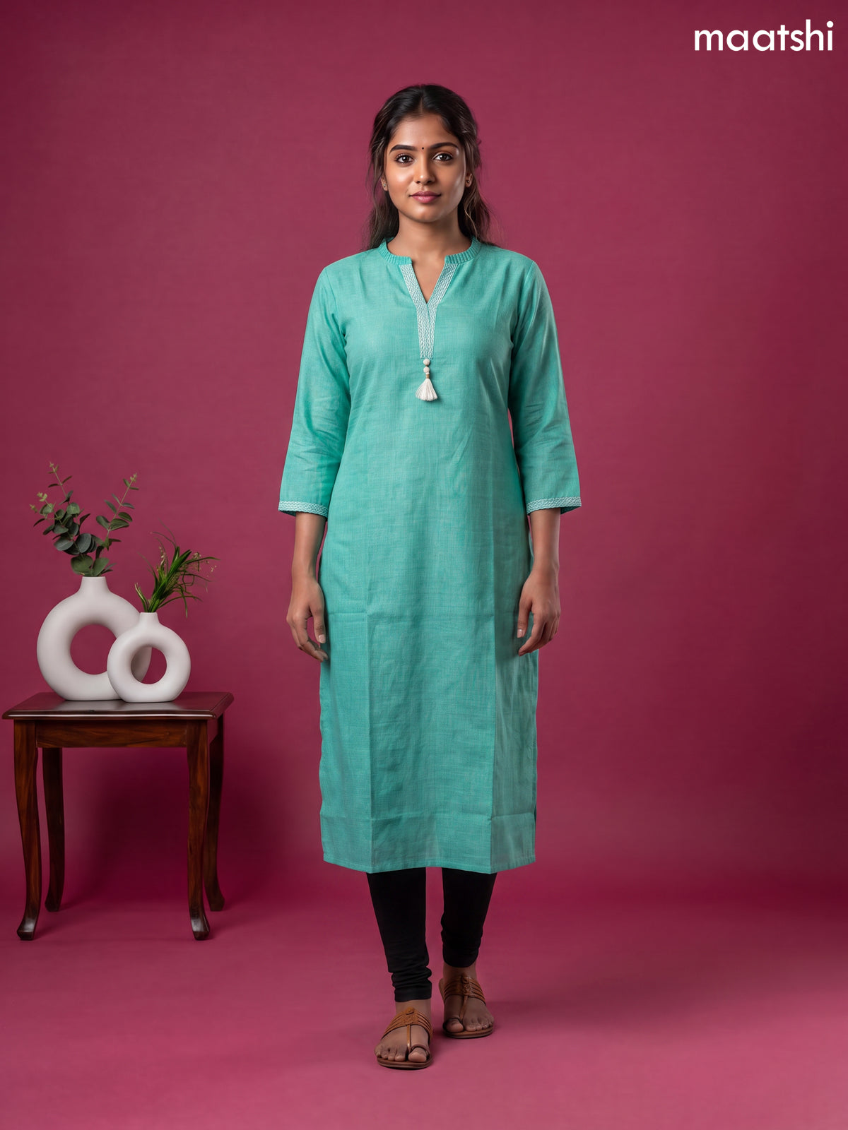 Teal Green Linen Cotton Simple Embroidery Straight Kurti
