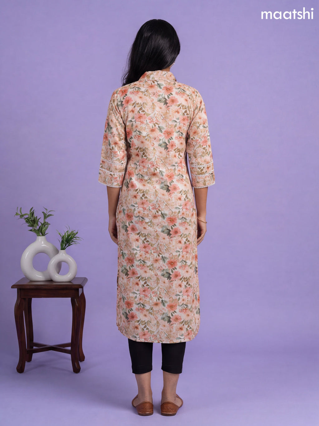 Peach Linen Cotton Printed & Embroidery Work Straight Kurti