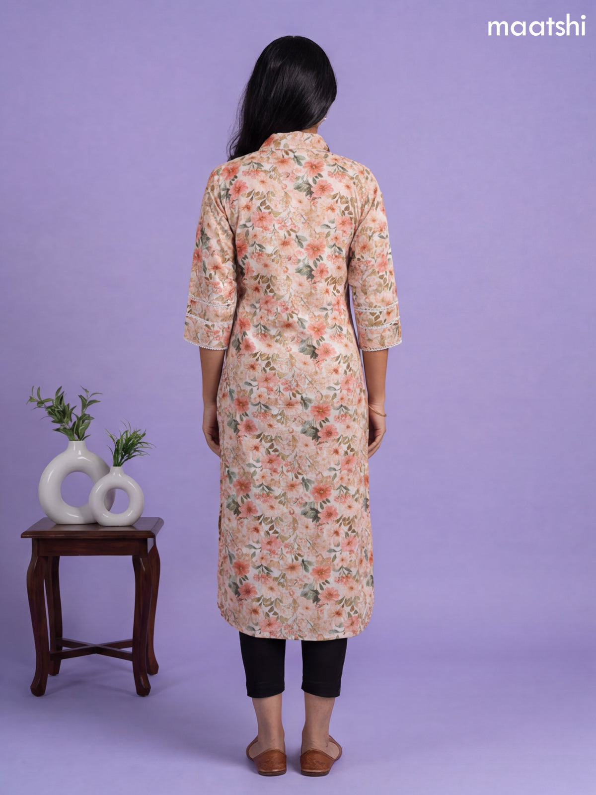 Peach Linen Cotton Printed & Embroidery Work Straight Kurti