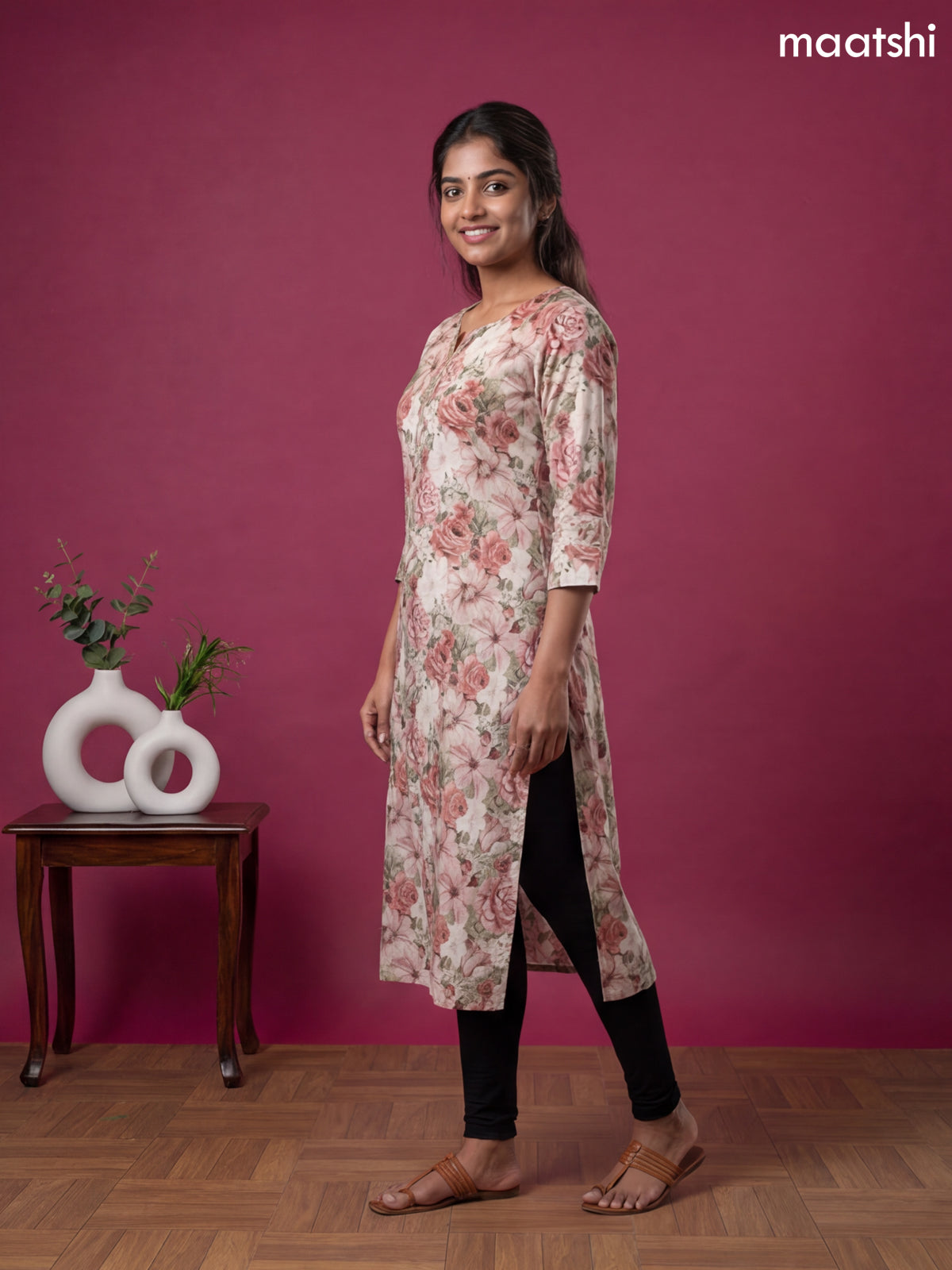 Cream and Multi Colour Linen Cotton Printed & Embroidery Work Straight Kurti