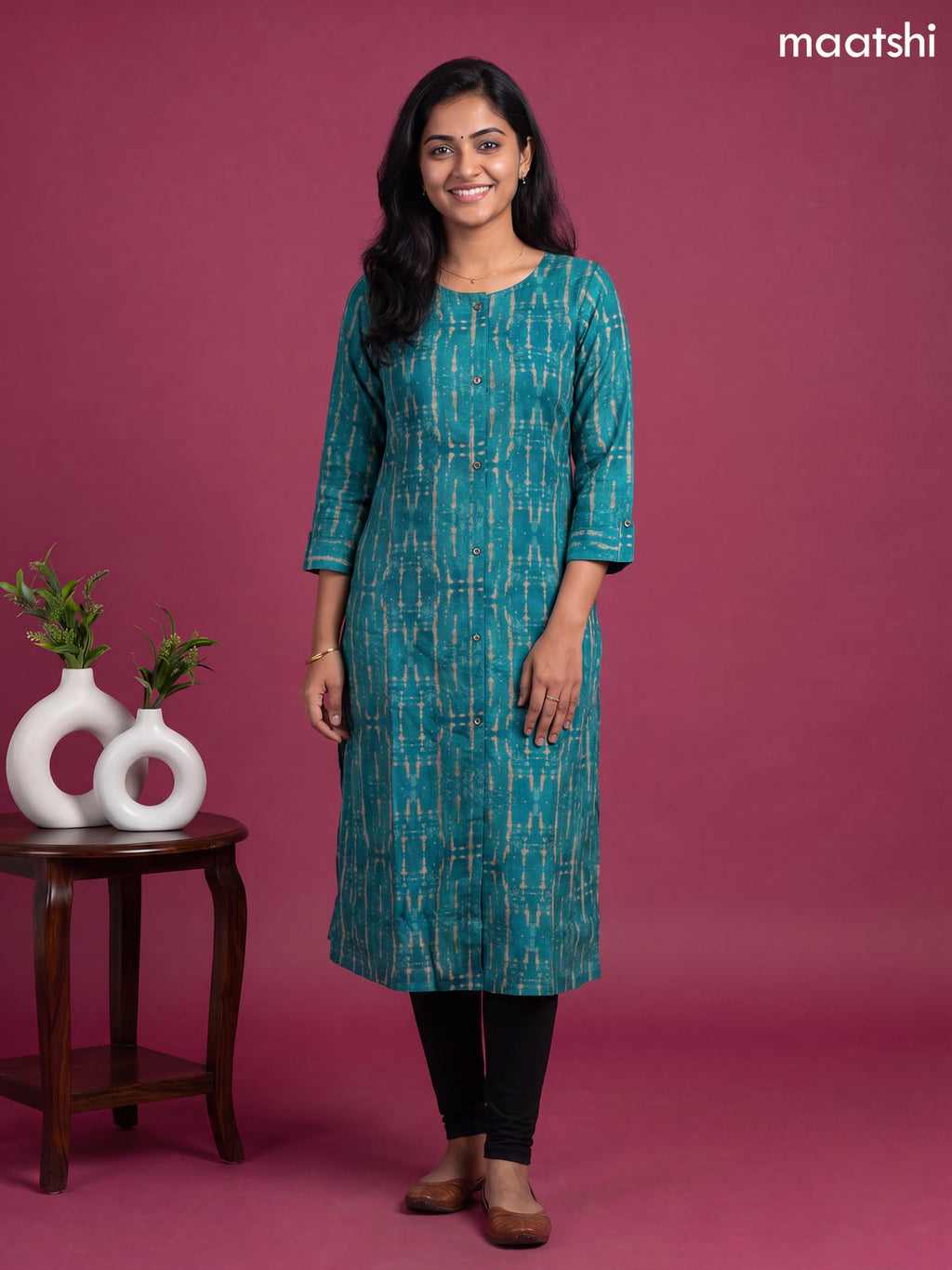 Teal Blue Modal Tie-Dye Printed Straight Kurti