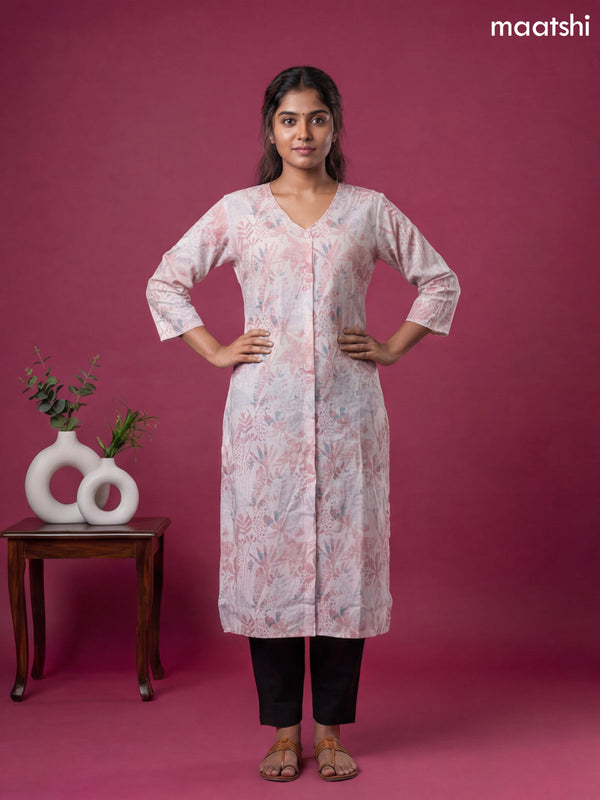 Pink Linen Cotton Printed & Embroidery Work Straight Kurti