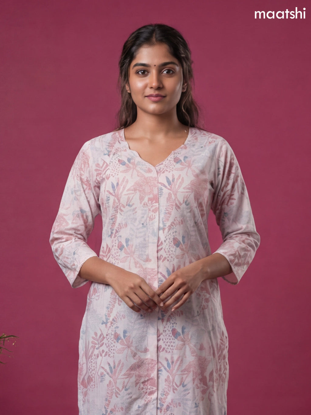 Pink Linen Cotton Printed & Embroidery Work Straight Kurti