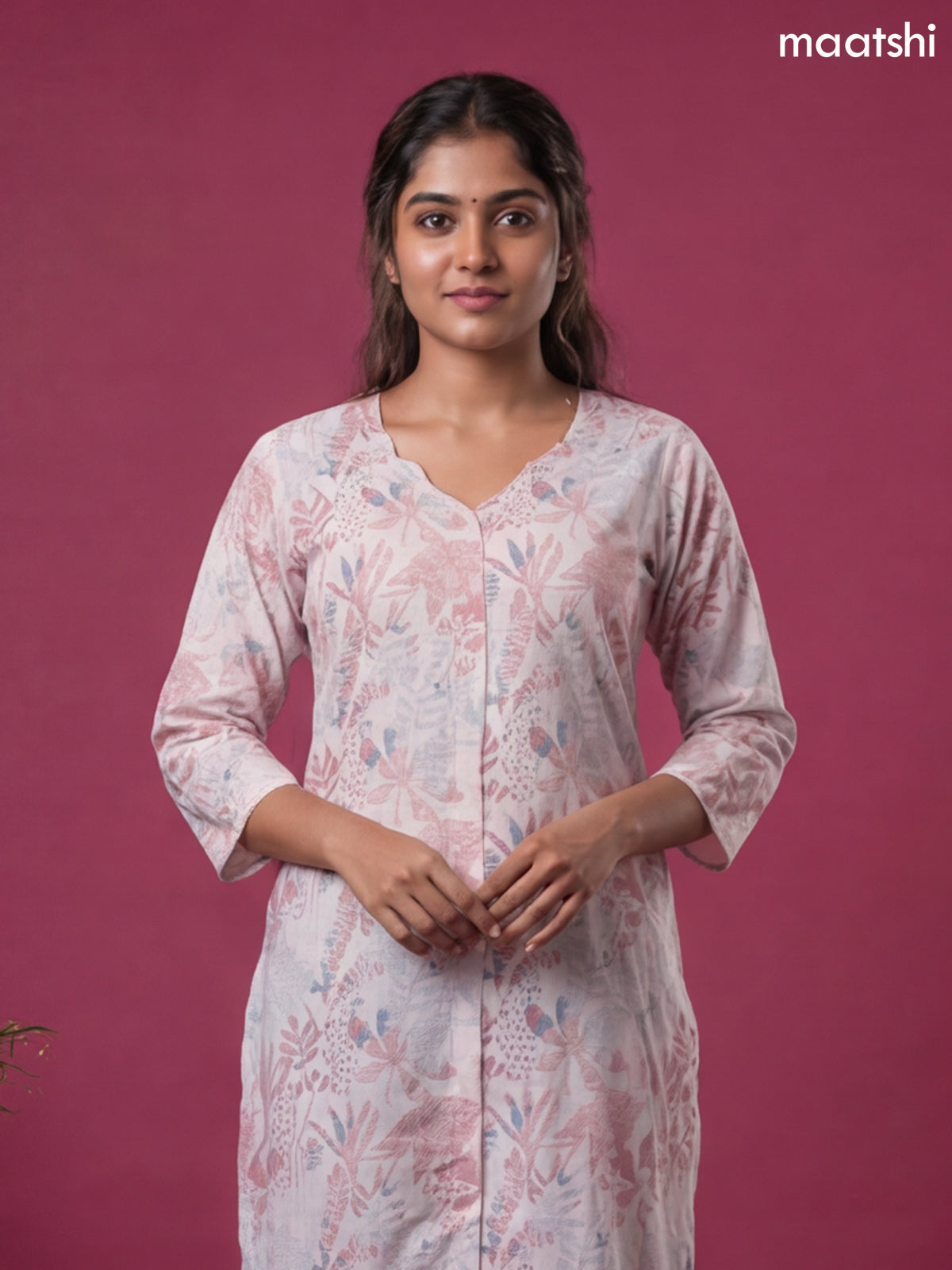 Pink Linen Cotton Printed & Embroidery Work Straight Kurti