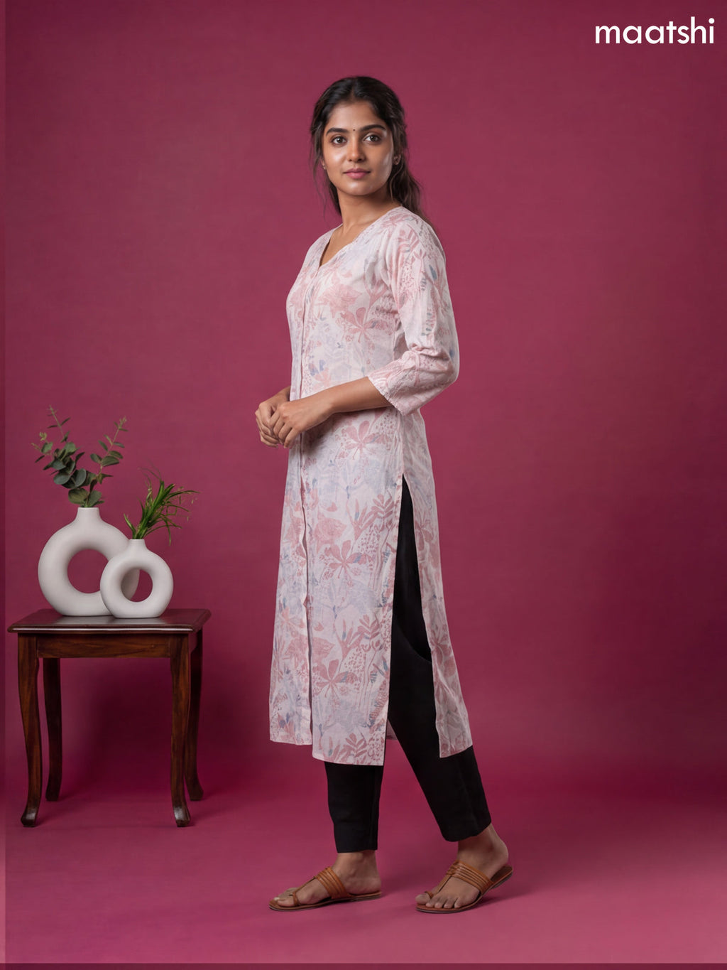 Pink Linen Cotton Printed & Embroidery Work Straight Kurti