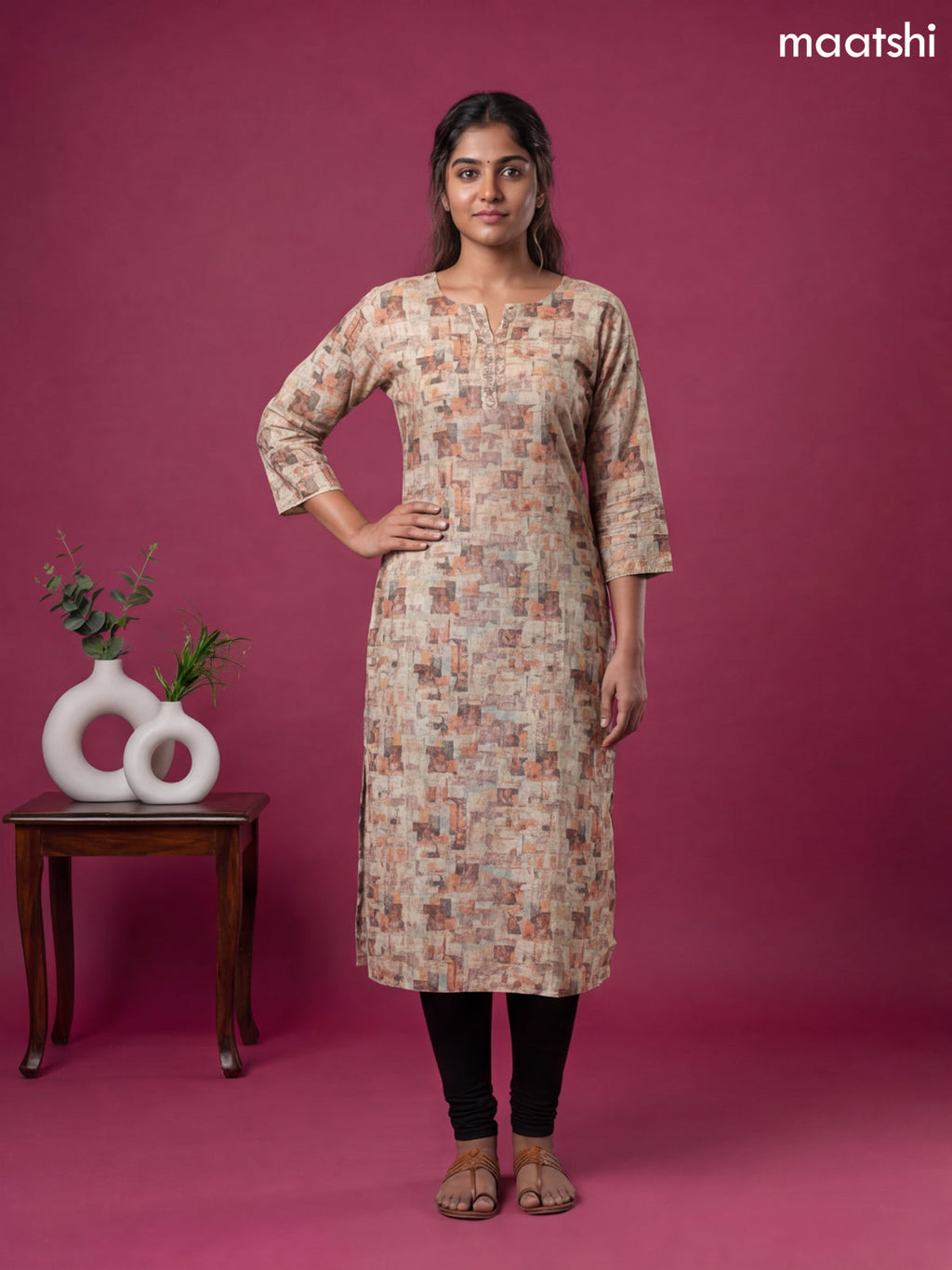 Sandal and Multicolour Linen Cotton Printed & Simple Embroidery Work Straight Kurti