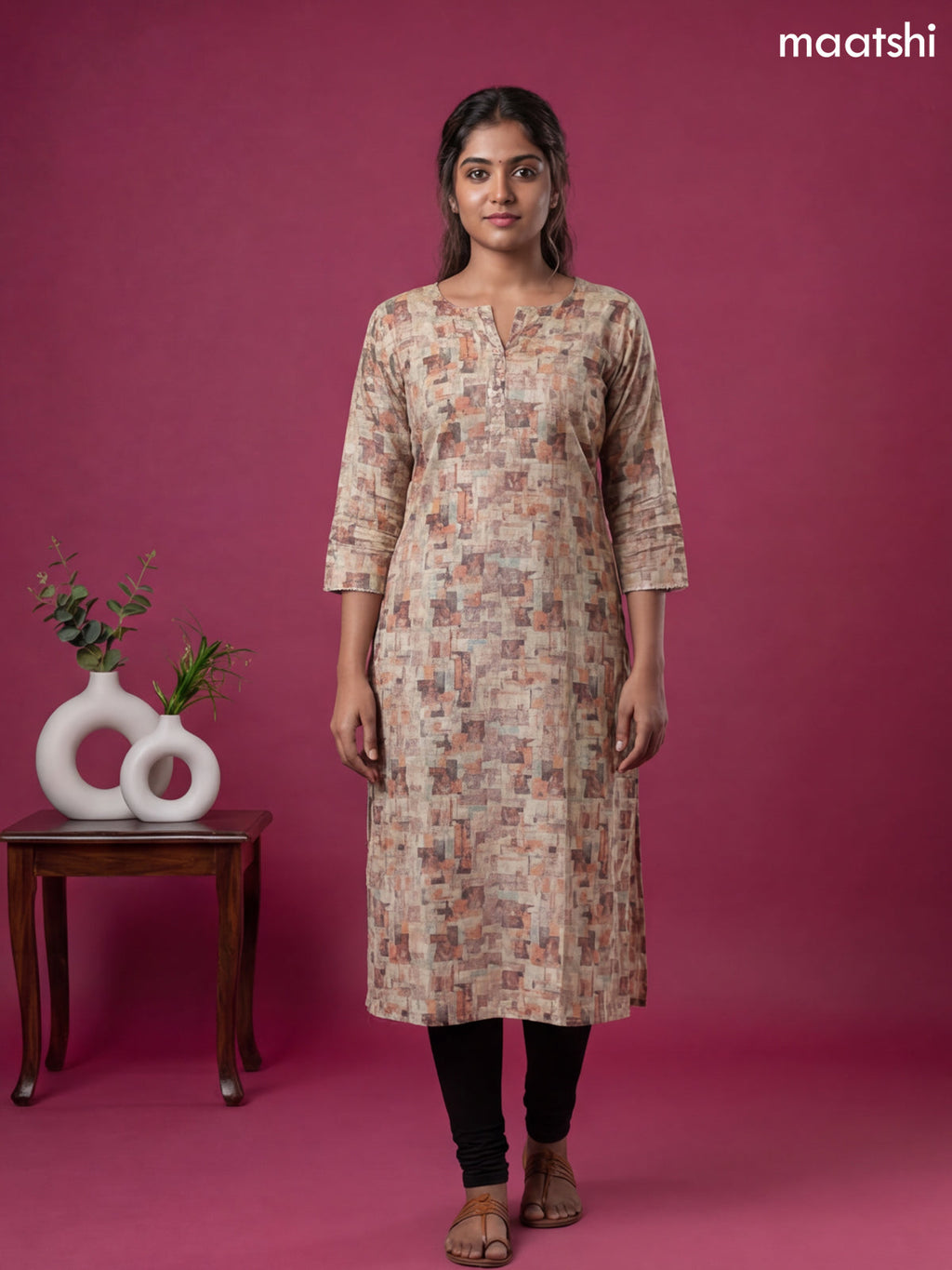 Sandal and Multicolour Linen Cotton Printed & Simple Embroidery Work Straight Kurti