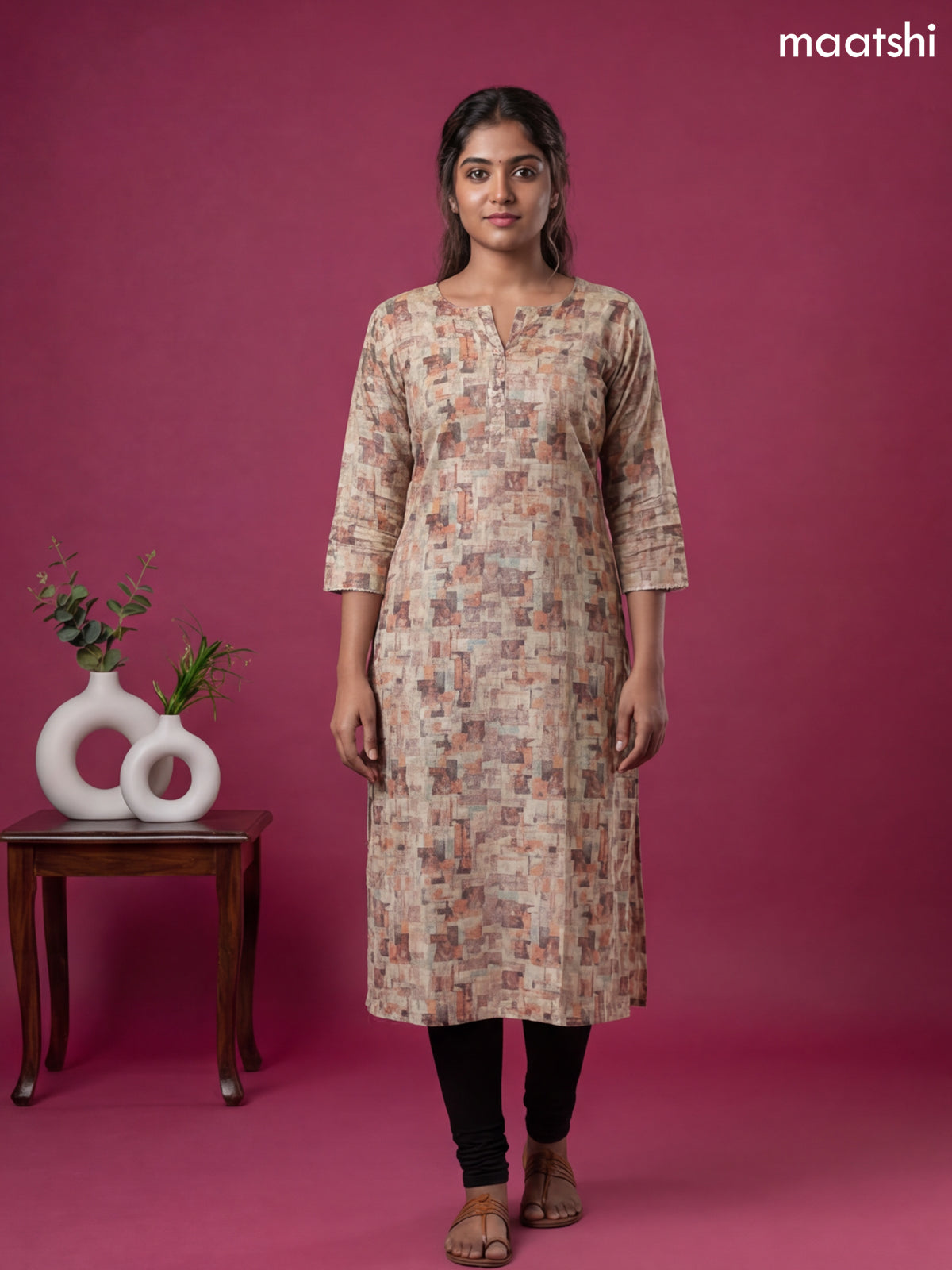 Sandal and Multicolour Linen Cotton Printed & Simple Embroidery Work Straight Kurti