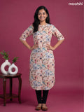 Peach and Multicolour Linen Cotton Printed & Simple Embroidery Work Straight Kurti