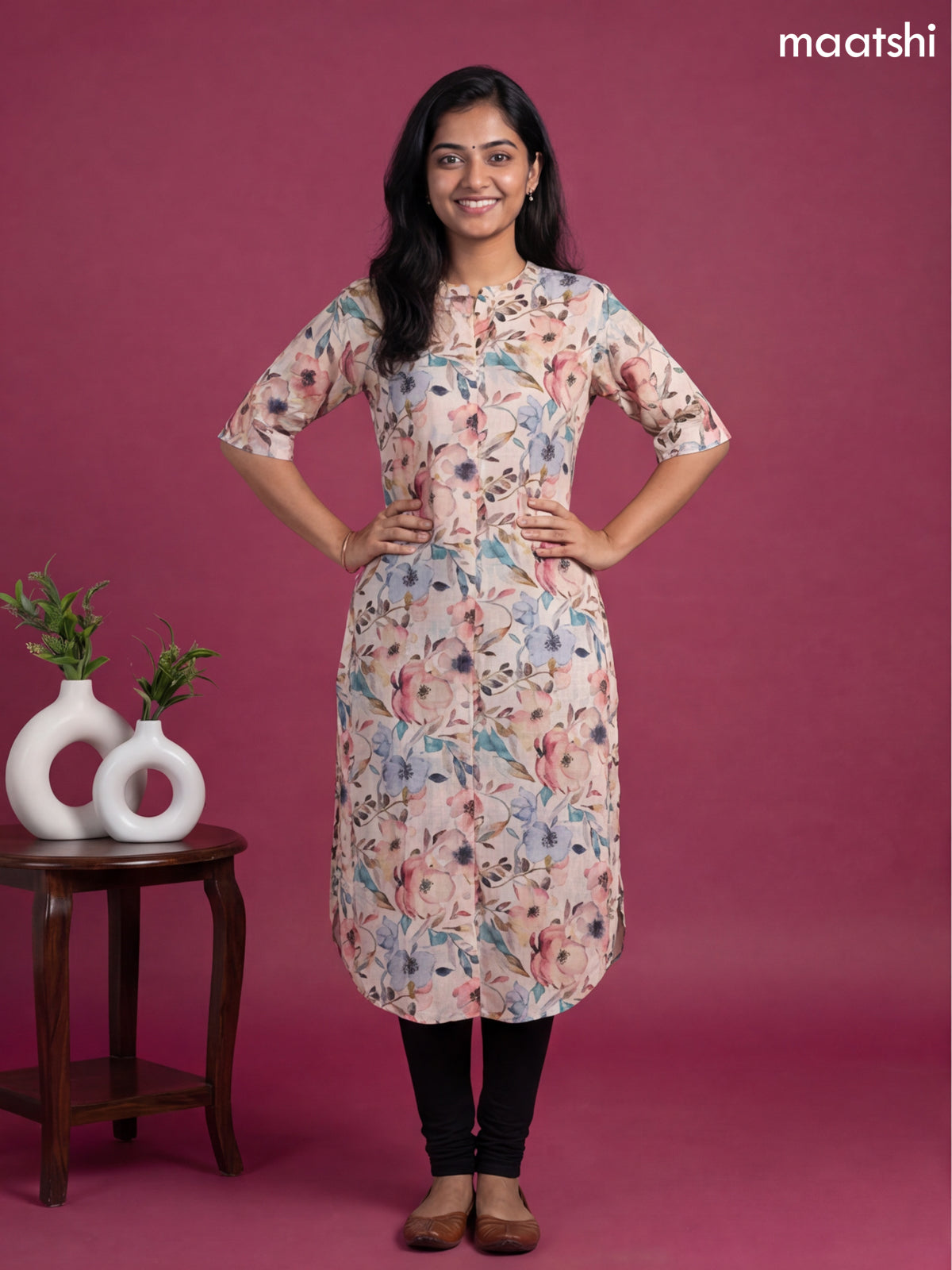 Peach and Multicolour Linen Cotton Printed & Simple Embroidery Work Straight Kurti