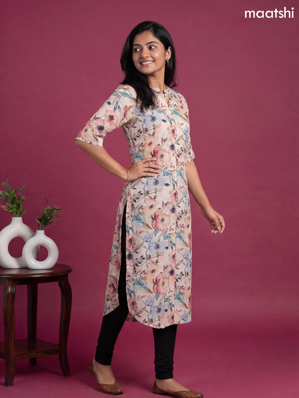Peach and Multicolour Linen Cotton Printed & Simple Embroidery Work Straight Kurti