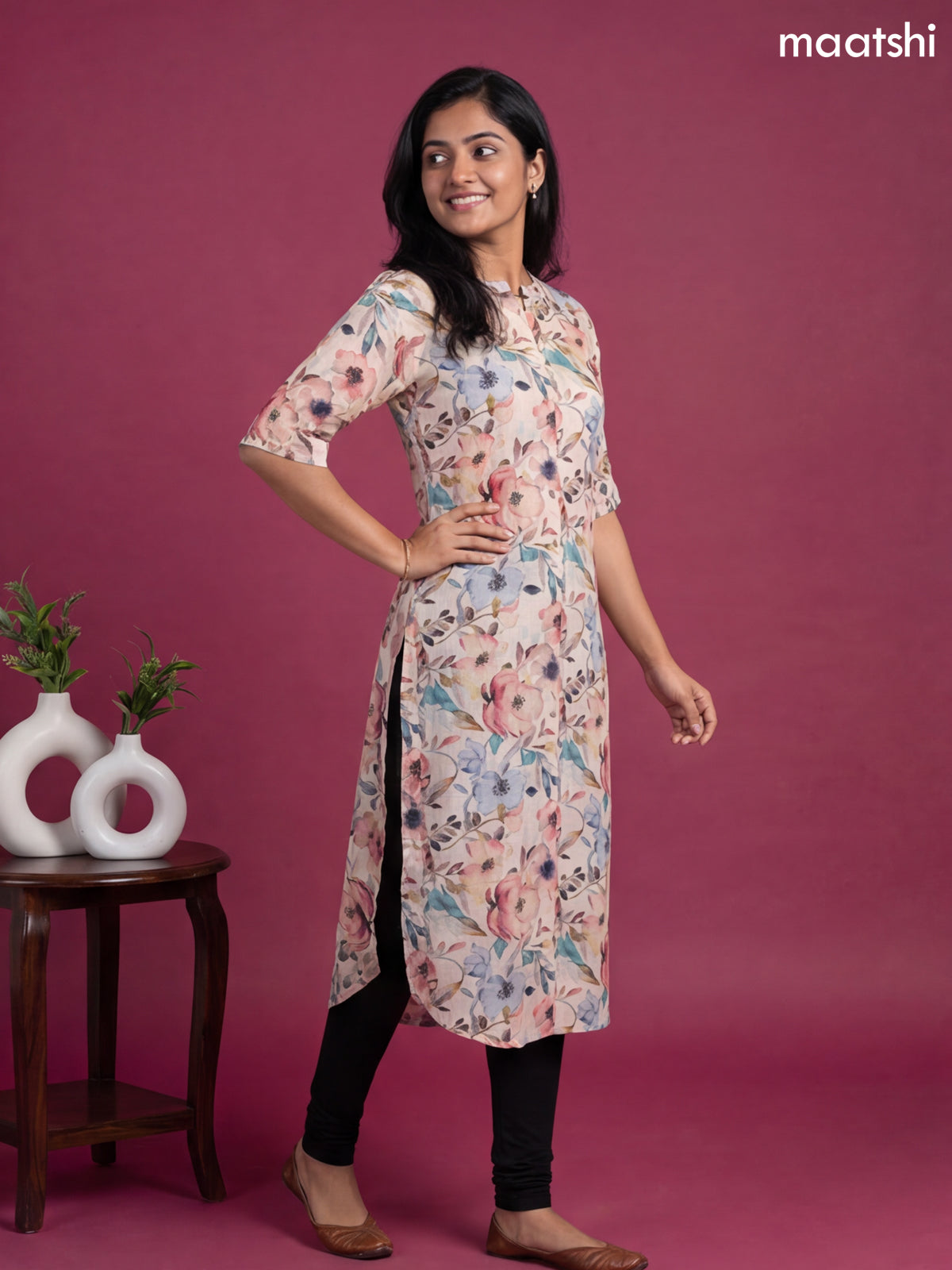 Peach and Multicolour Linen Cotton Printed & Simple Embroidery Work Straight Kurti