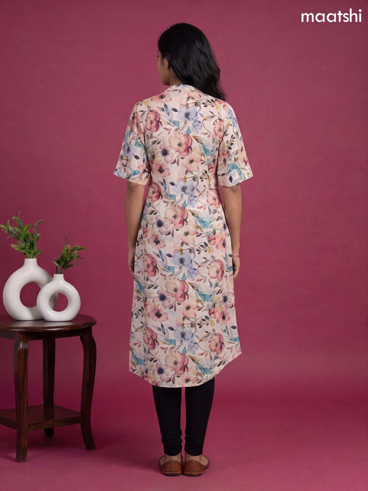 Peach and Multicolour Linen Cotton Printed & Simple Embroidery Work Straight Kurti