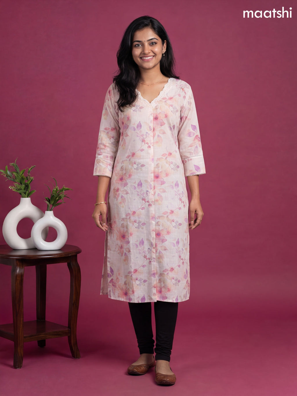 Off White and Multi Colour Linen Cotton Printed & Simple Embroidery Work Straight Kurti