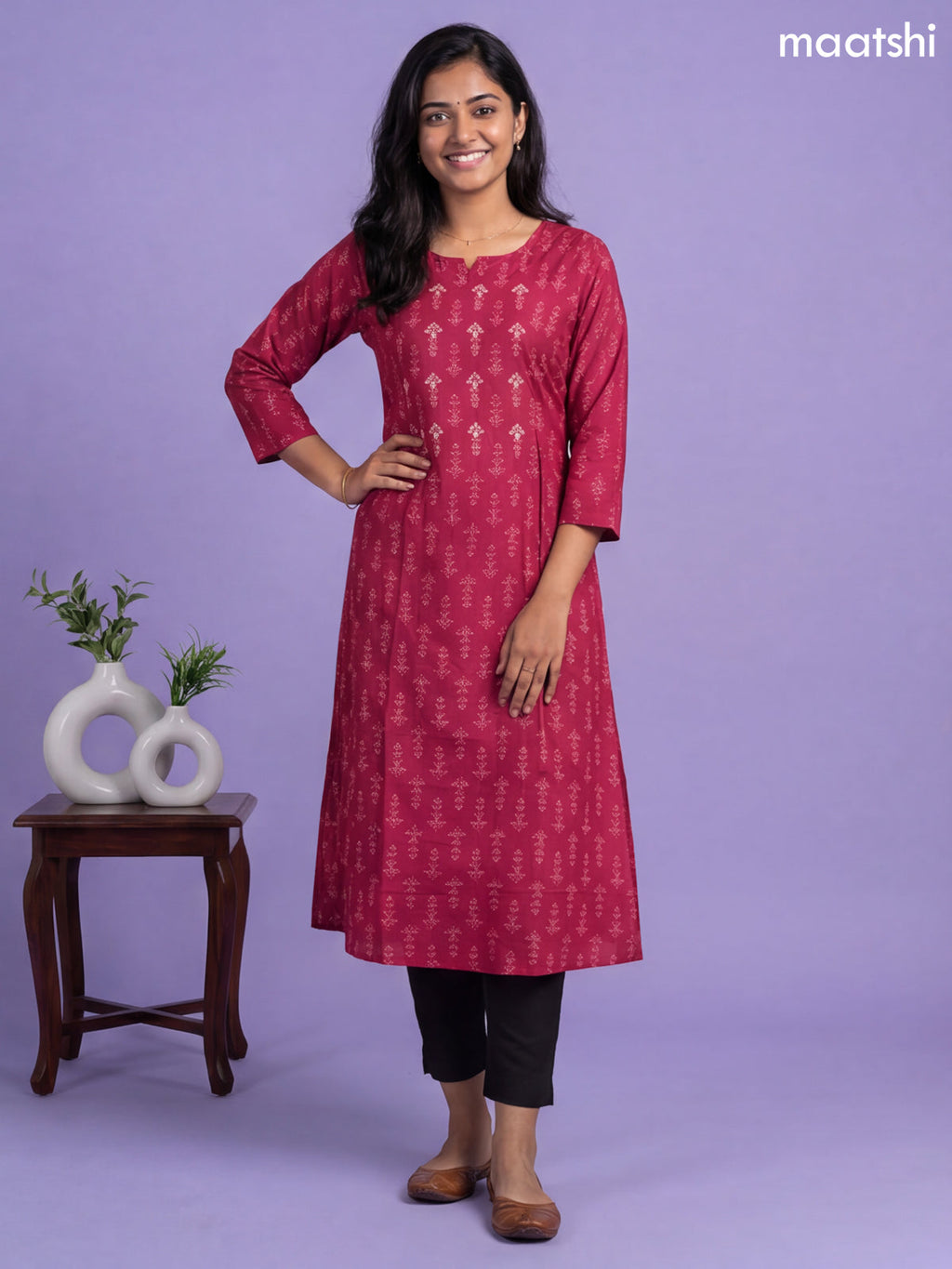 Maroon Modal Printed & Simple Embroidery Work A-Line Kurti