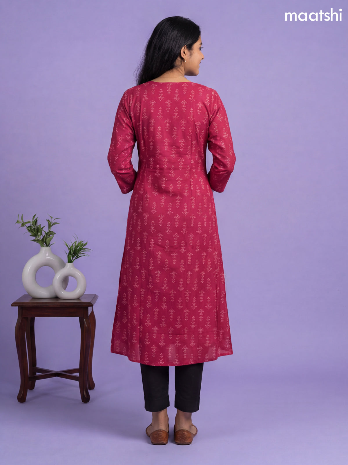 Maroon Modal Printed & Simple Embroidery Work A-Line Kurti
