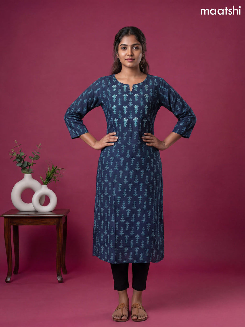Navy Blue Modal Printed & Simple Embroidery Work A-Line Kurti