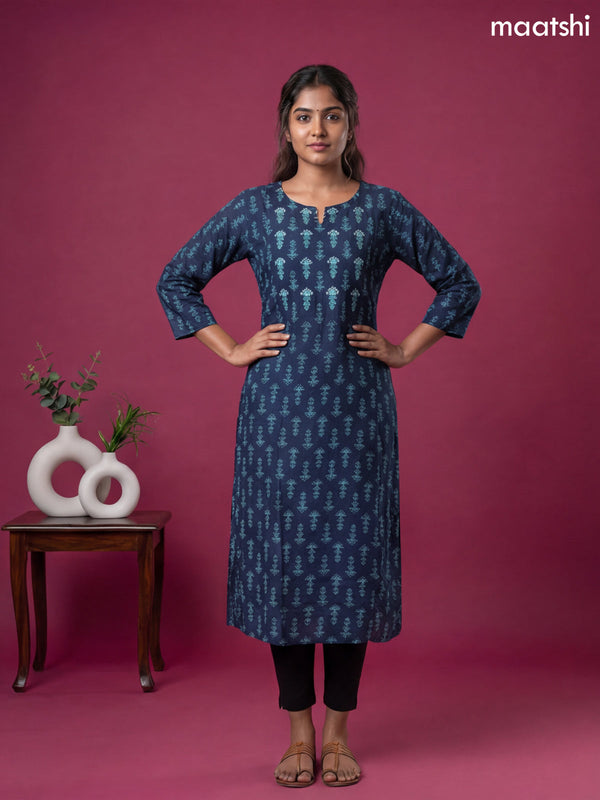 Navy Blue Modal Printed & Simple Embroidery Work A-Line Kurti