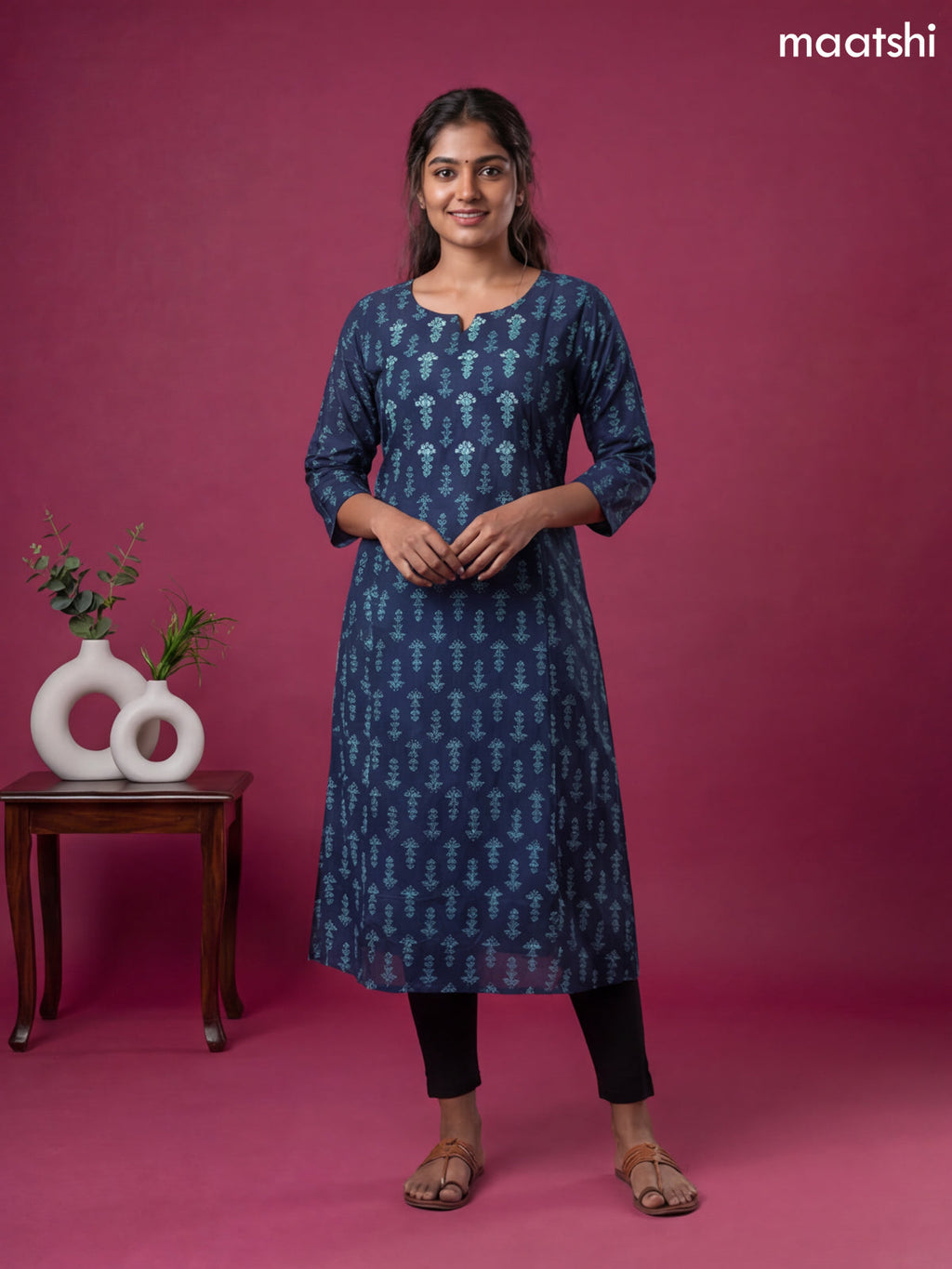 Navy Blue Modal Printed & Simple Embroidery Work A-Line Kurti