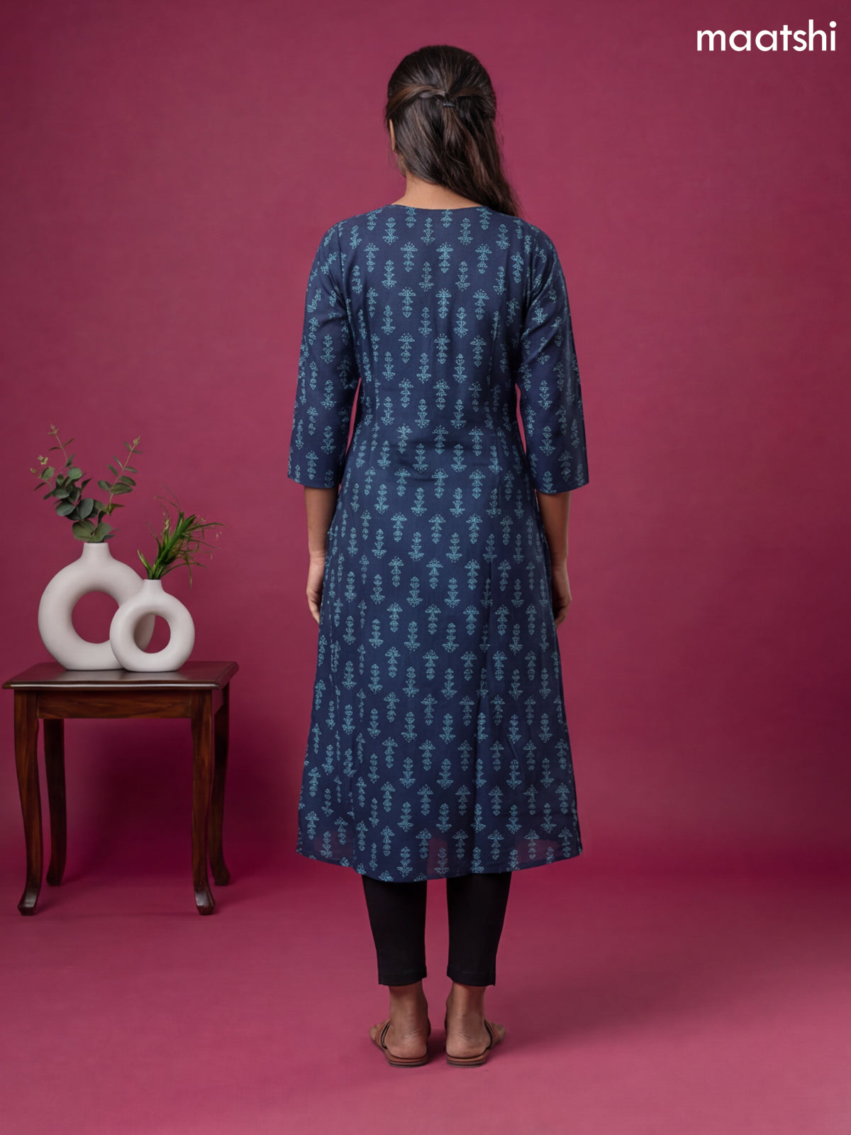Navy Blue Modal Printed & Simple Embroidery Work A-Line Kurti