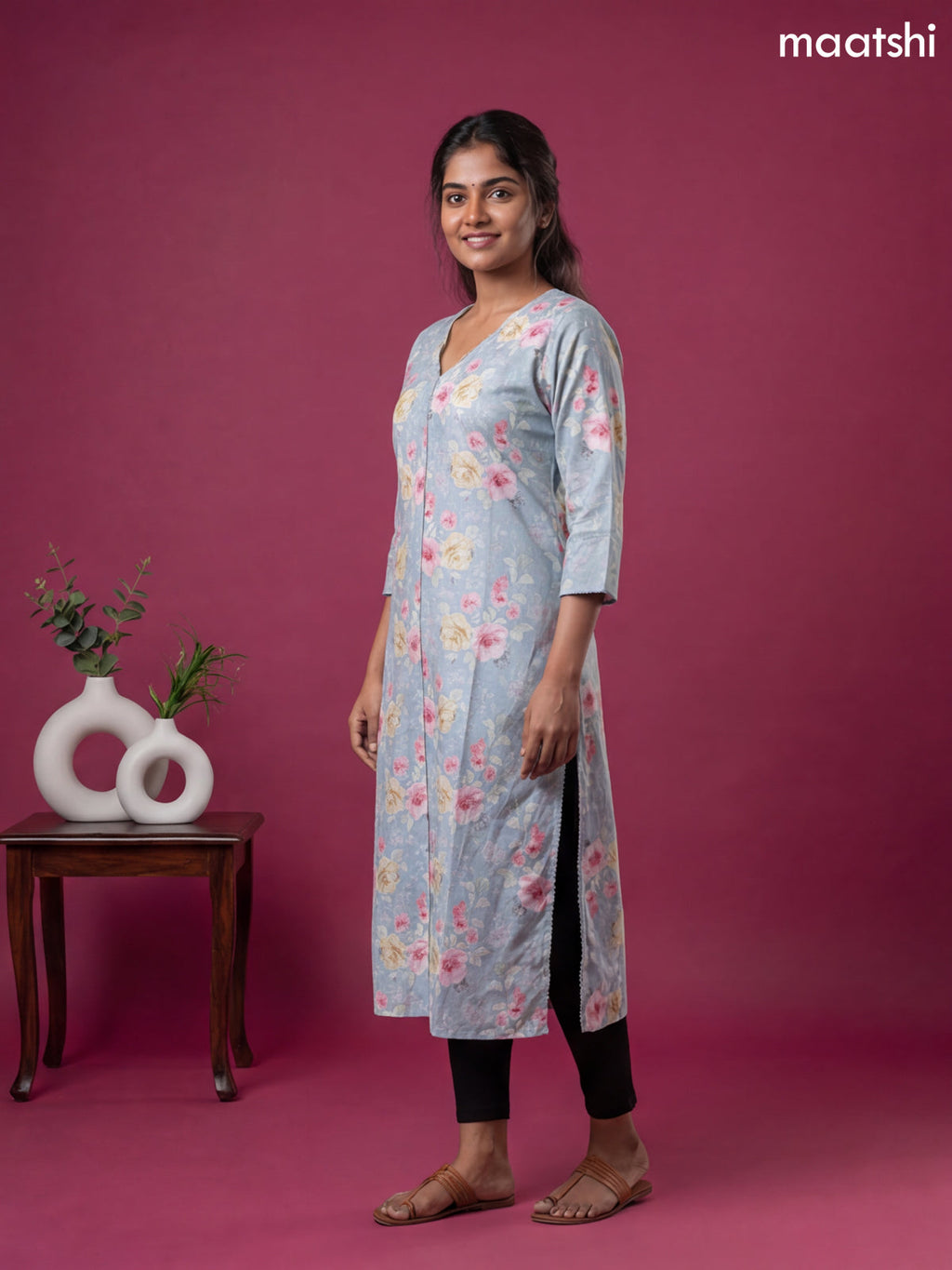 Light Blue Linen Cotton Printed & Simple Embroidery Work Straight Kurti