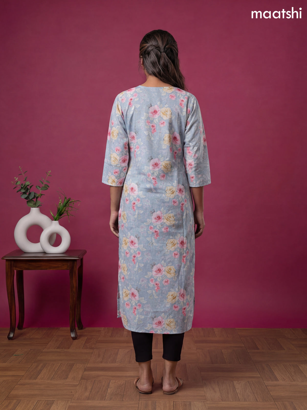 Light Blue Linen Cotton Printed & Simple Embroidery Work Straight Kurti