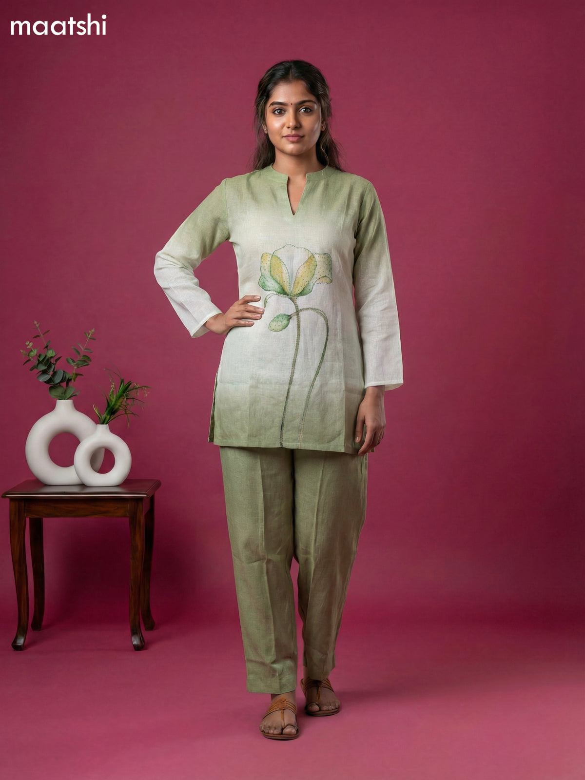 Light Green and Off White Linen Cotton Embroidery Work Short Co-Ord Set