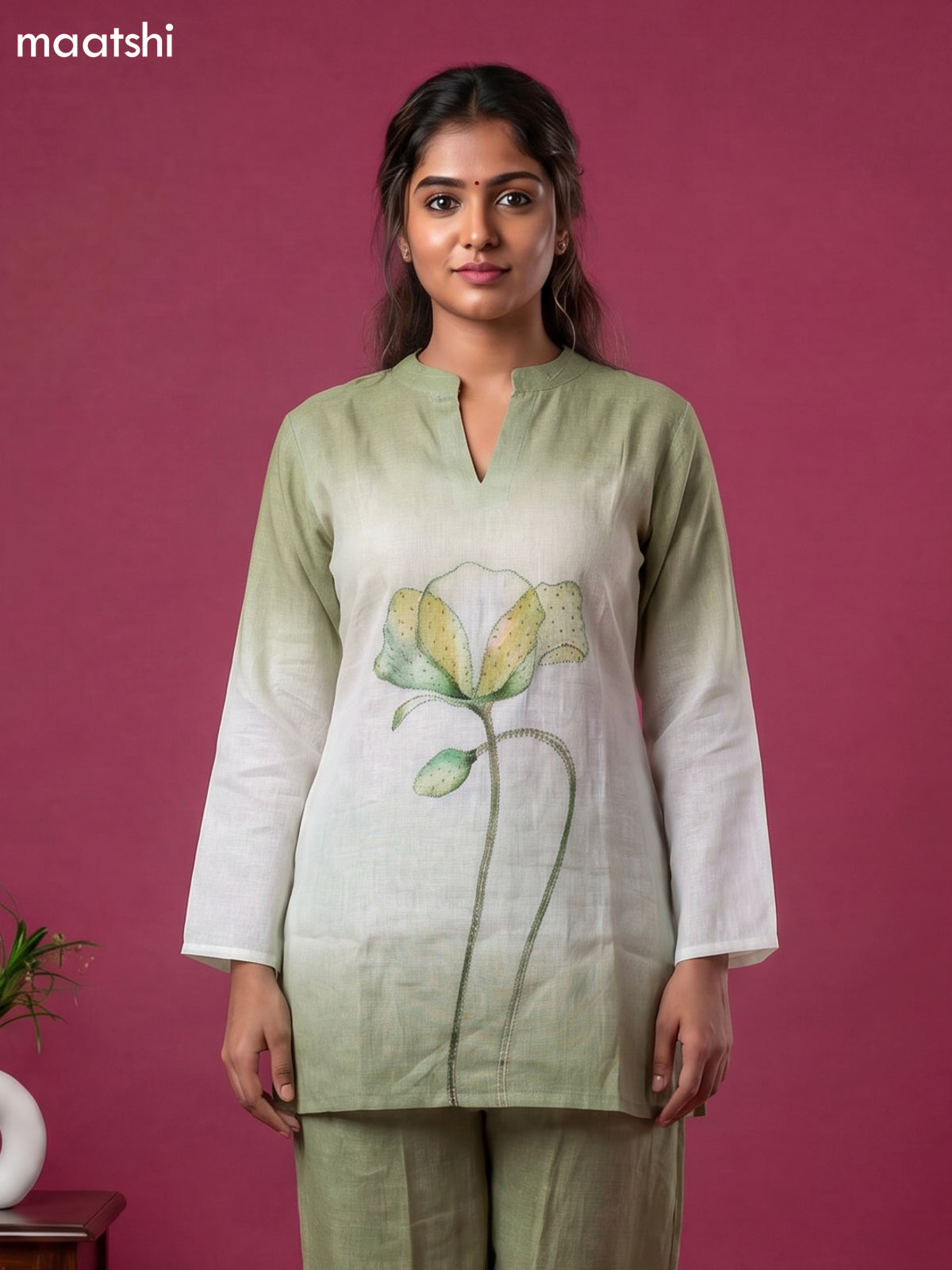 Light Green and Off White Linen Cotton Embroidery Work Short Co-Ord Set