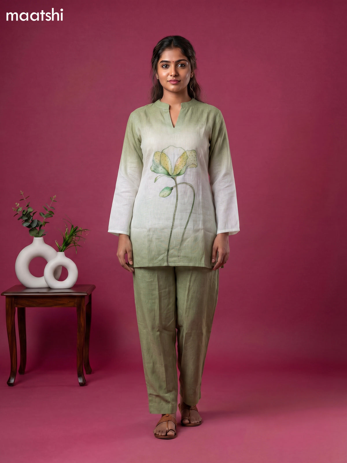 Light Green and Off White Linen Cotton Embroidery Work Short Co-Ord Set