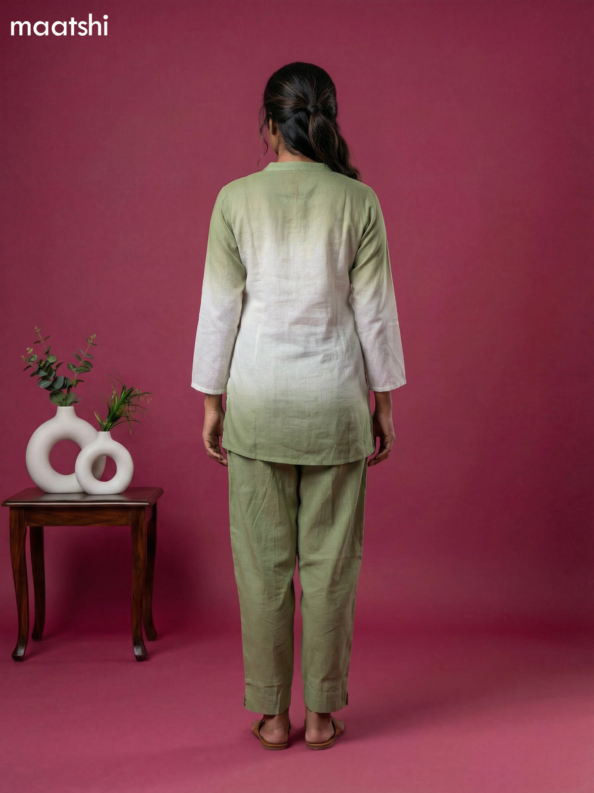 Light Green and Off White Linen Cotton Embroidery Work Short Co-Ord Set