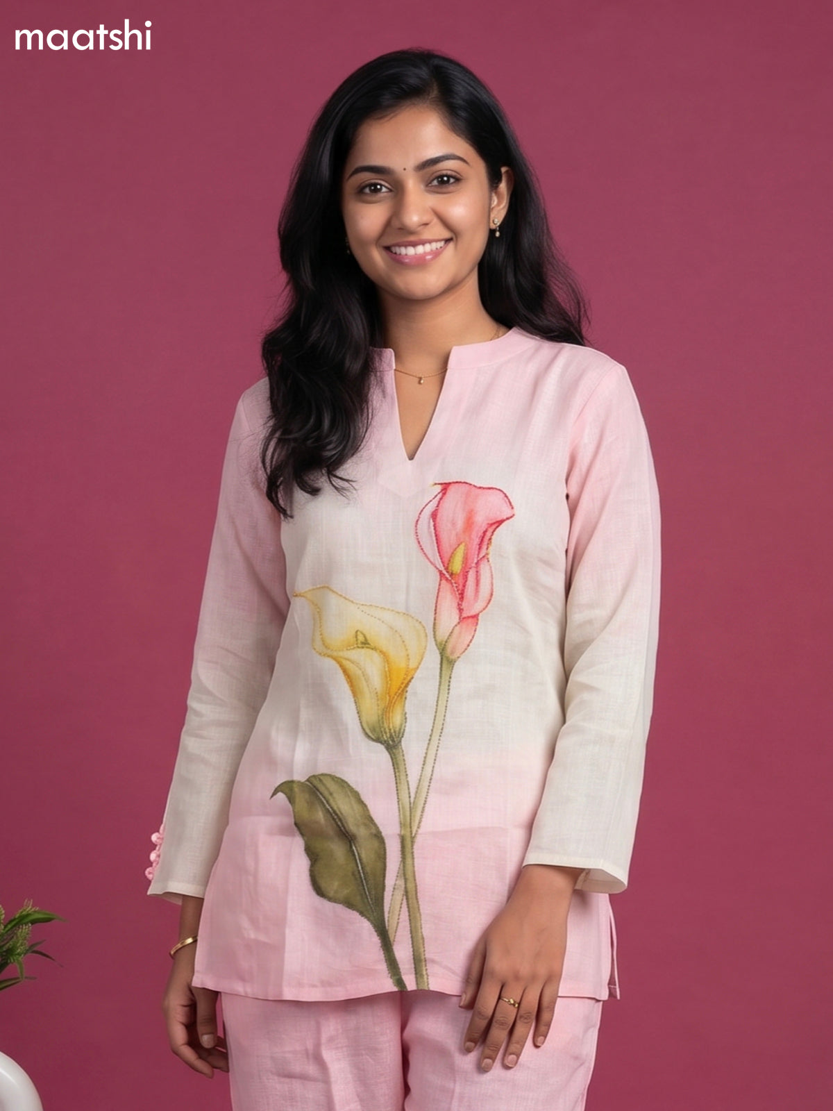 Baby Pink and Yellow Linen Cotton Embroidery Work Short Co-Ord Set