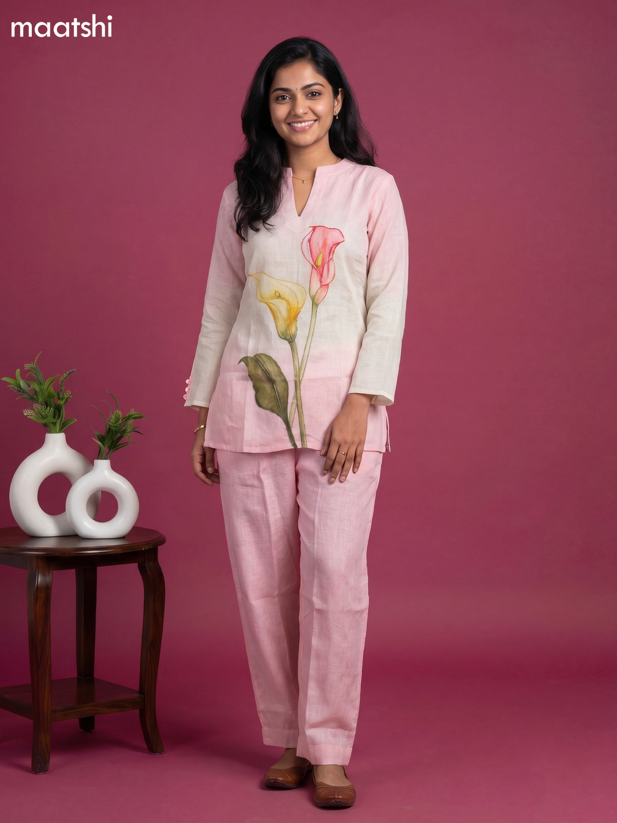 Baby Pink and Yellow Linen Cotton Embroidery Work Short Co-Ord Set