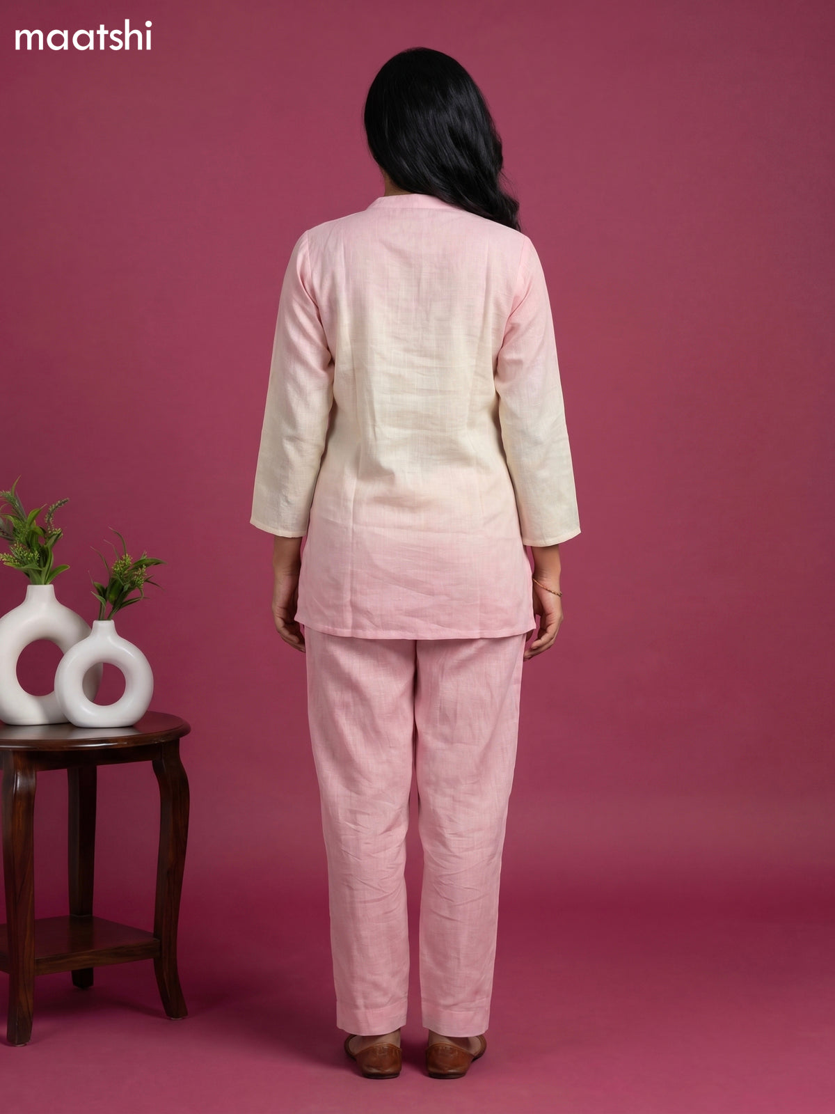 Baby Pink and Yellow Linen Cotton Embroidery Work Short Co-Ord Set