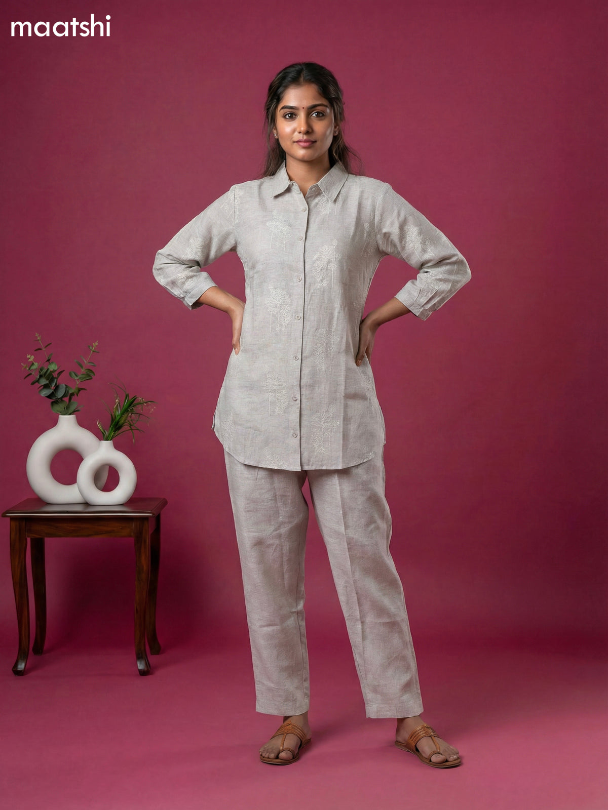 Grey Linen Cotton Embroidery Work Short Co-Ord Set