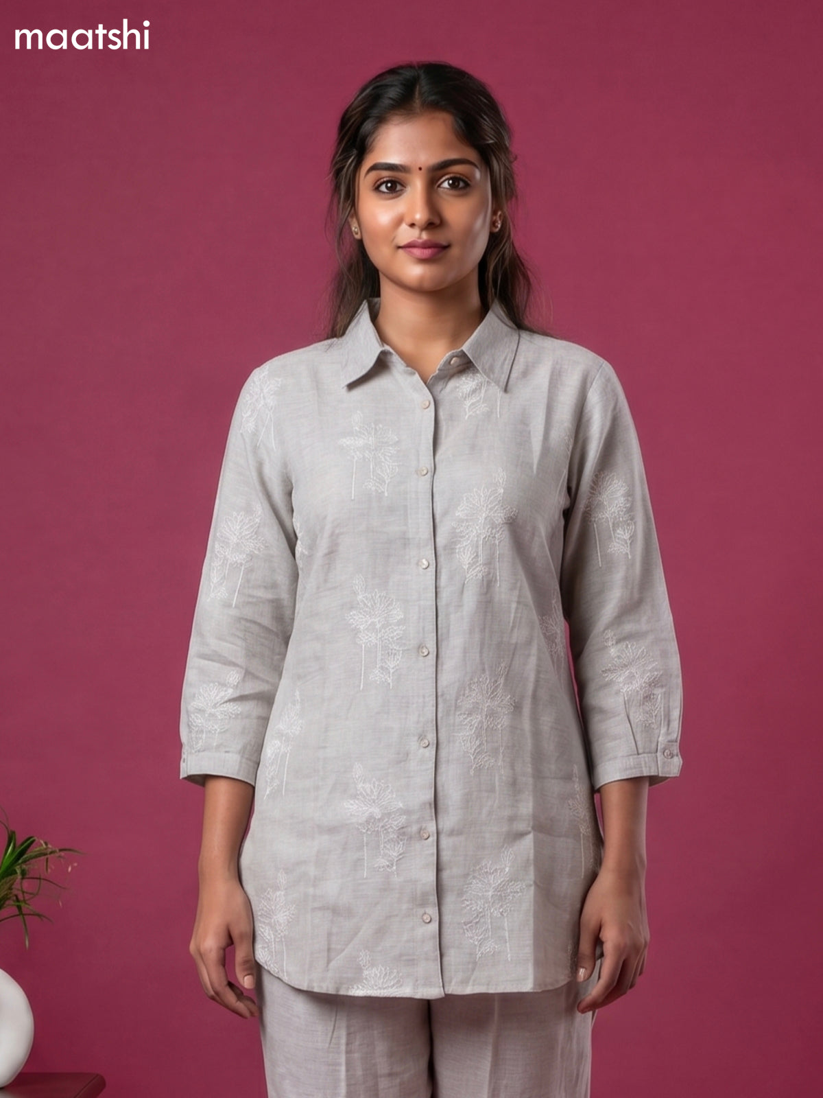 Grey Linen Cotton Embroidery Work Short Co-Ord Set