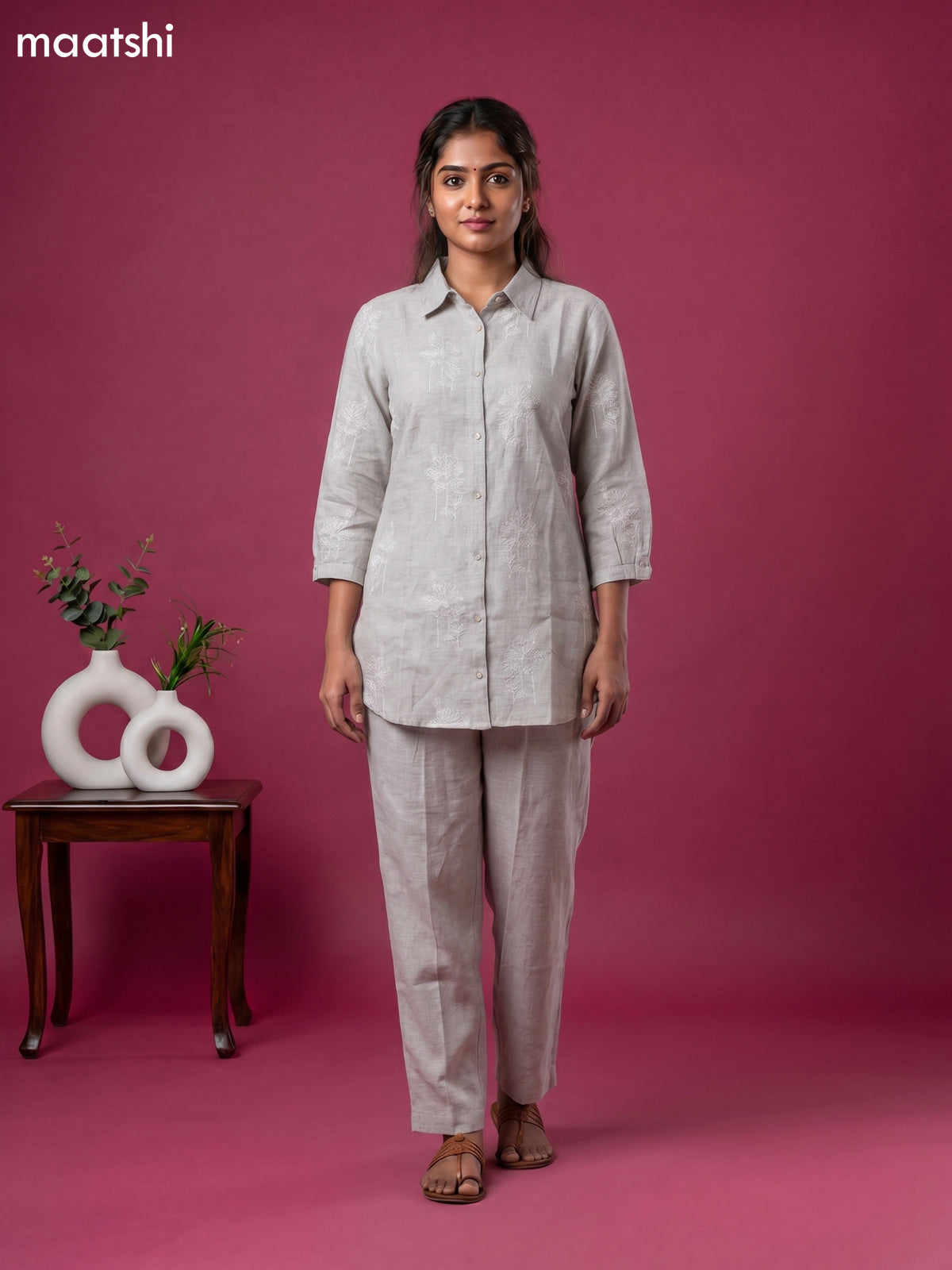 Grey Linen Cotton Embroidery Work Short Co-Ord Set