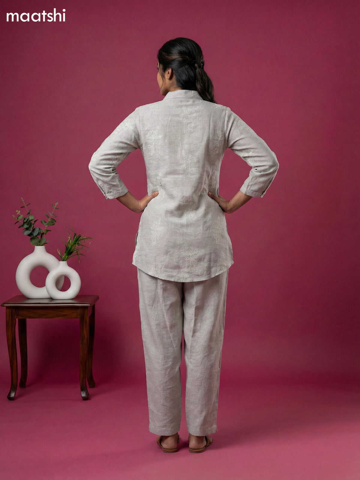 Grey Linen Cotton Embroidery Work Short Co-Ord Set