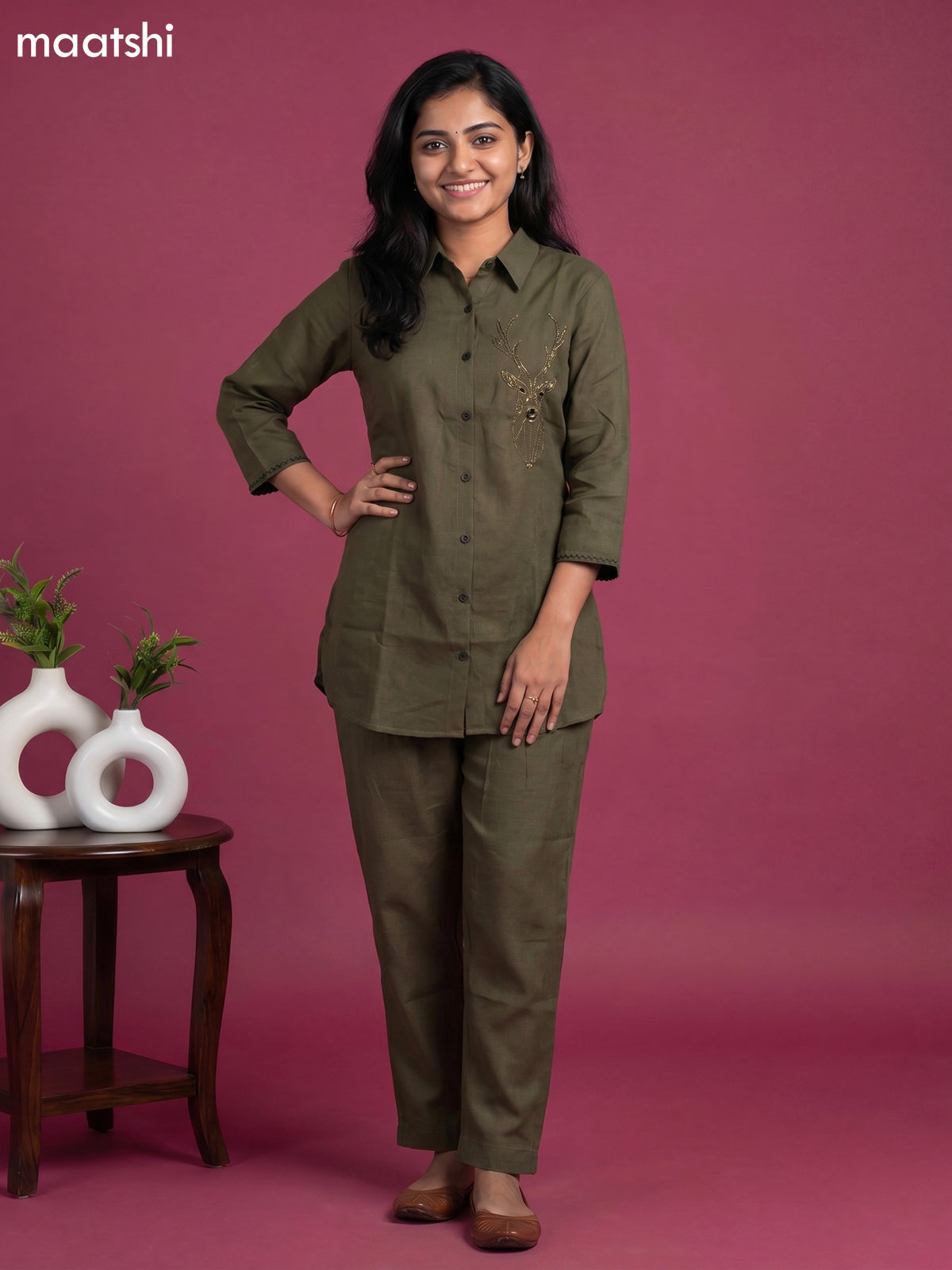 Sap Green Linen Cotton Embroidery Work Short Co-Ord Set