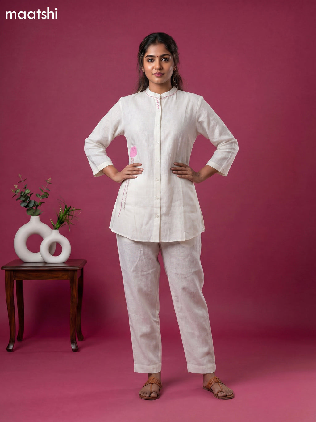 Cream and Baby Pink Linen Cotton Simple Floral Embroidery Work Short Co-Ord Set
