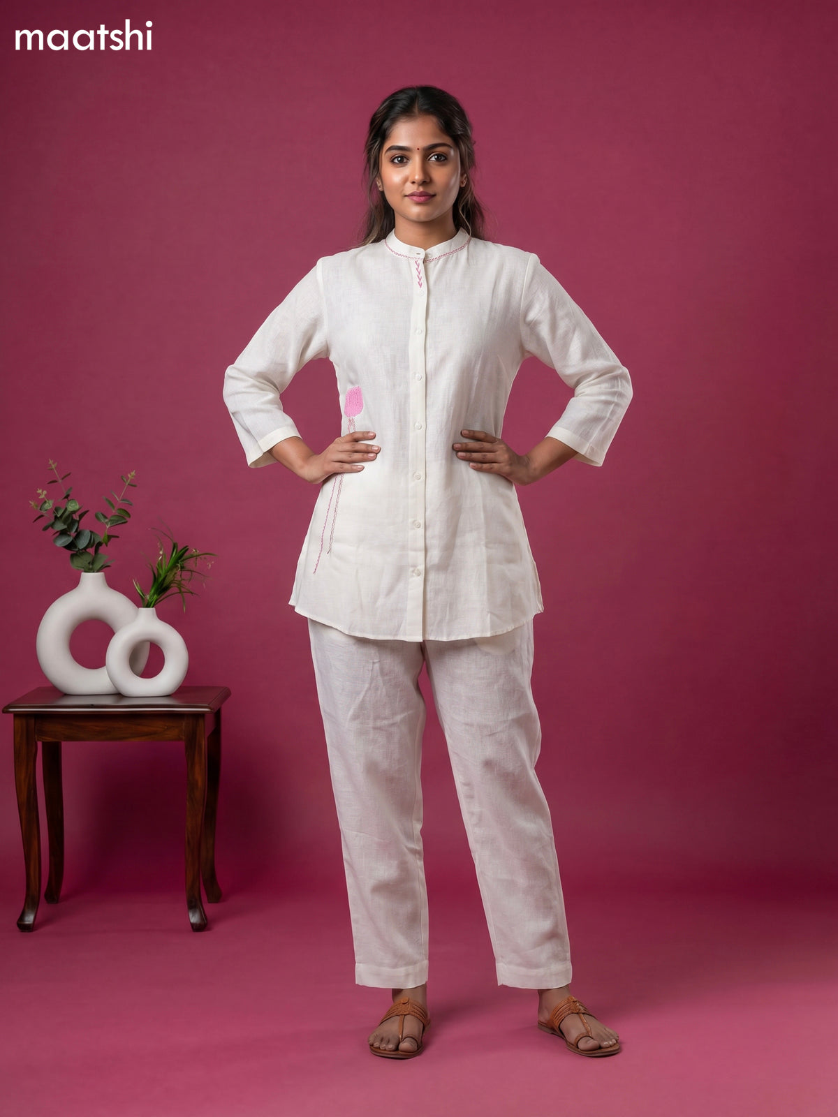 Cream and Baby Pink Linen Cotton Simple Floral Embroidery Work Short Co-Ord Set