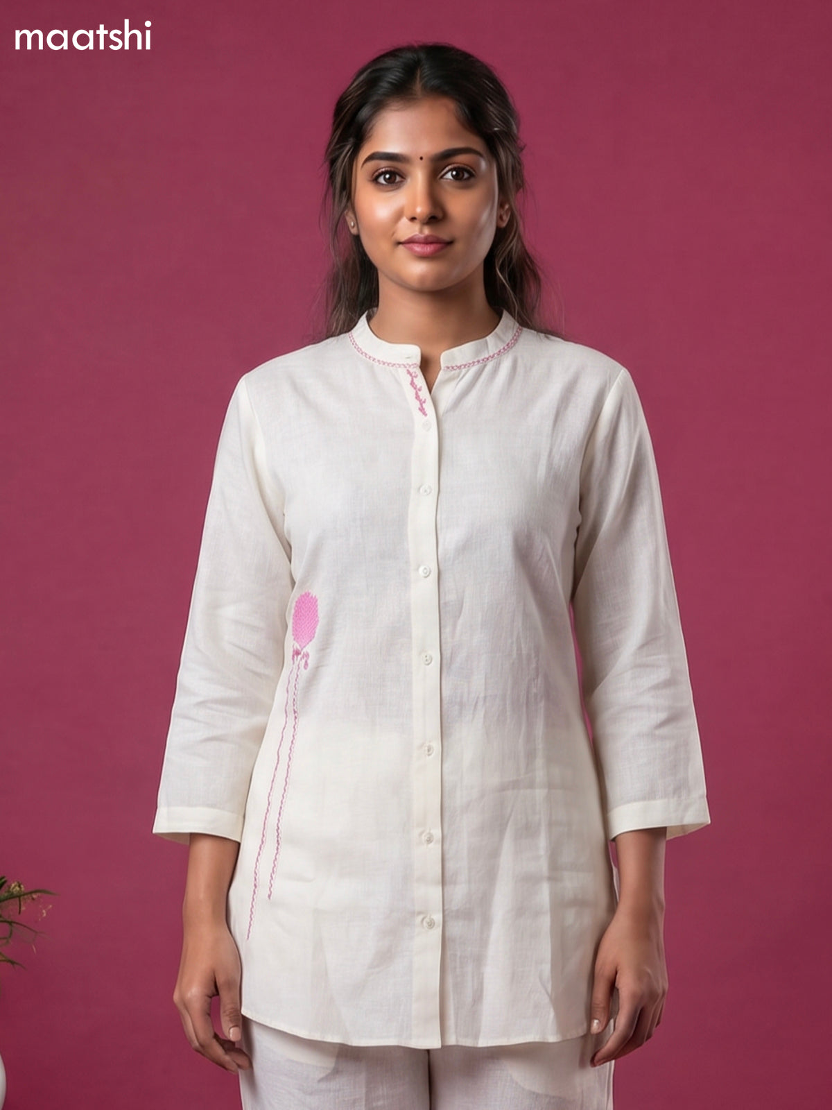 Cream and Baby Pink Linen Cotton Simple Floral Embroidery Work Short Co-Ord Set