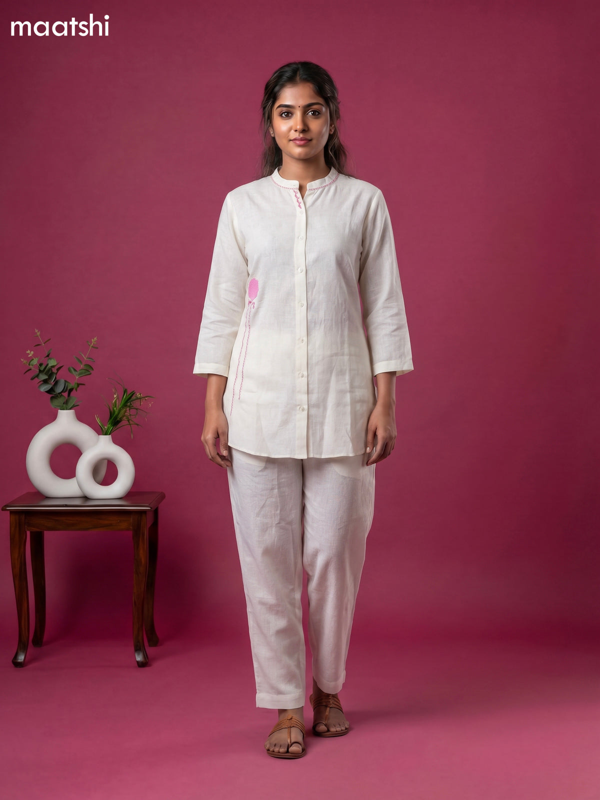 Cream and Baby Pink Linen Cotton Simple Floral Embroidery Work Short Co-Ord Set