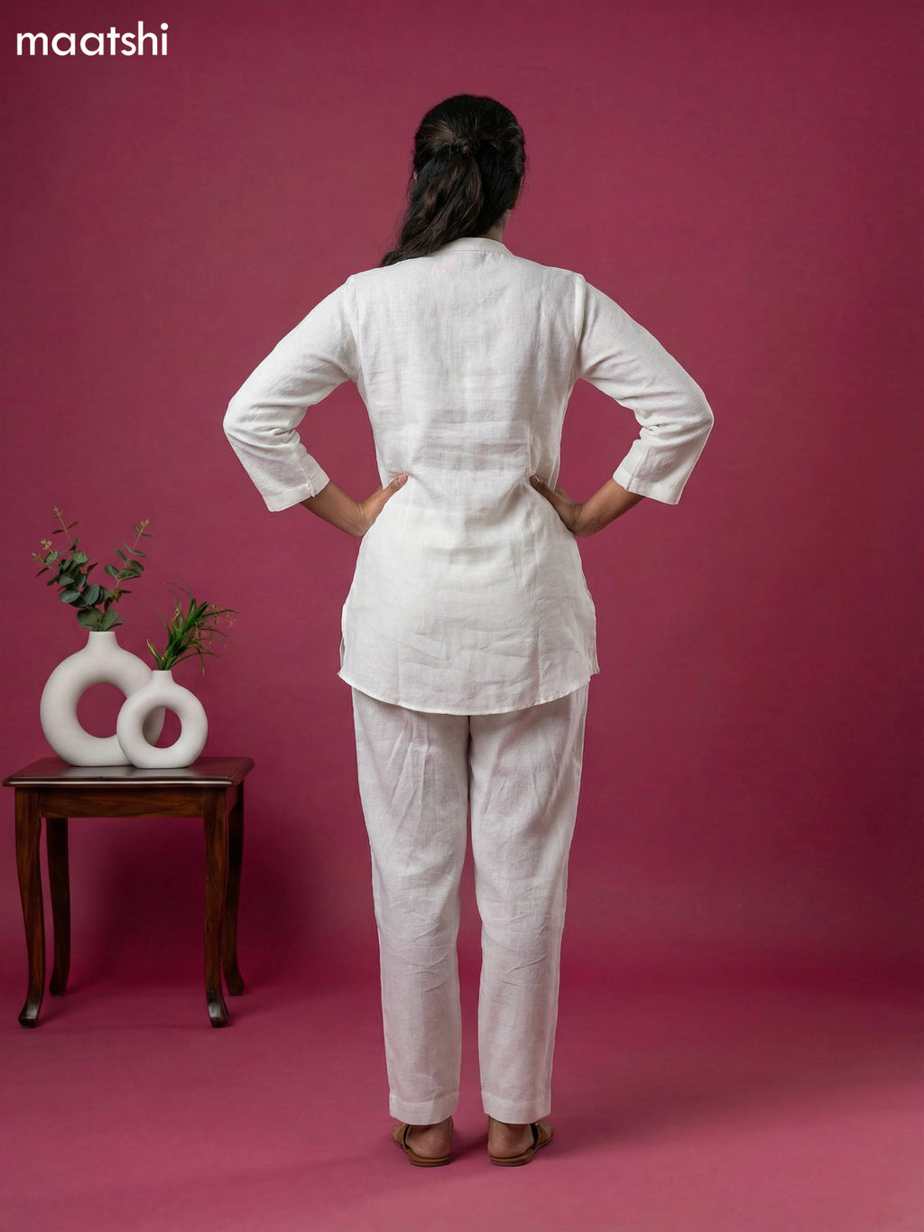 Cream and Baby Pink Linen Cotton Simple Floral Embroidery Work Short Co-Ord Set