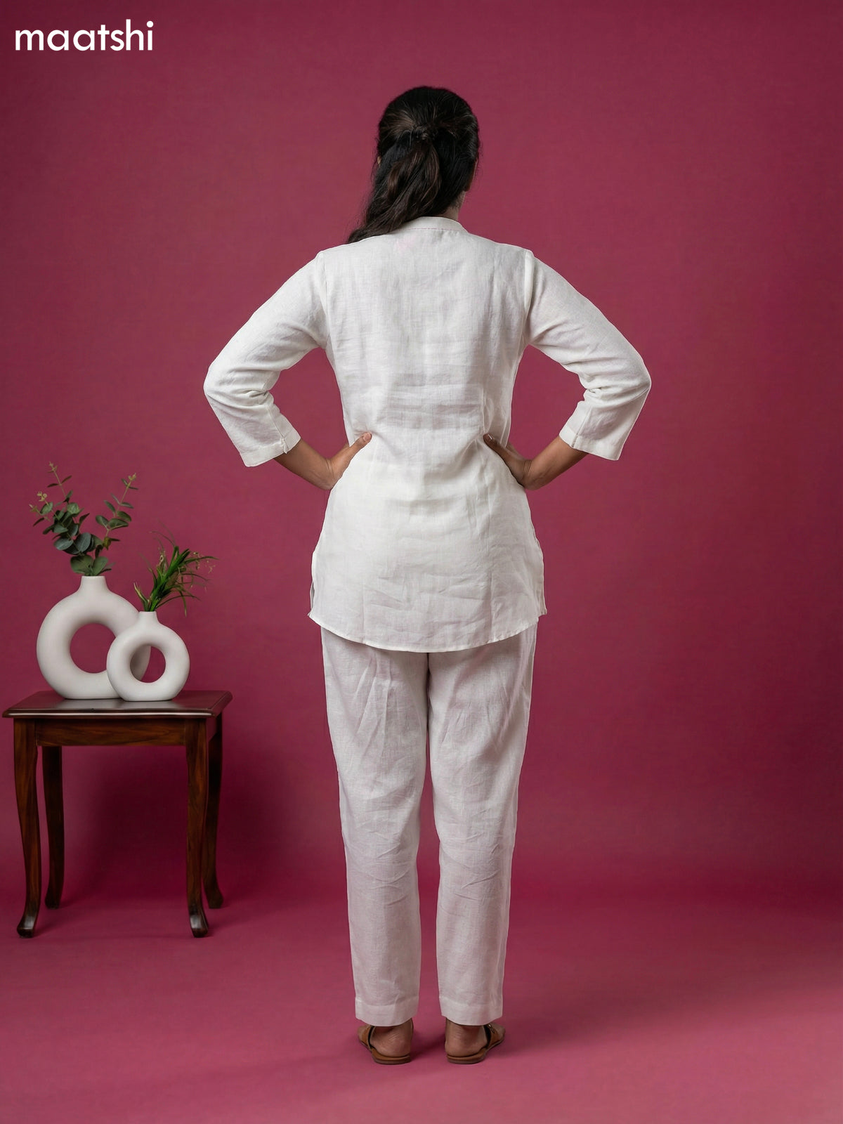 Cream and Baby Pink Linen Cotton Simple Floral Embroidery Work Short Co-Ord Set