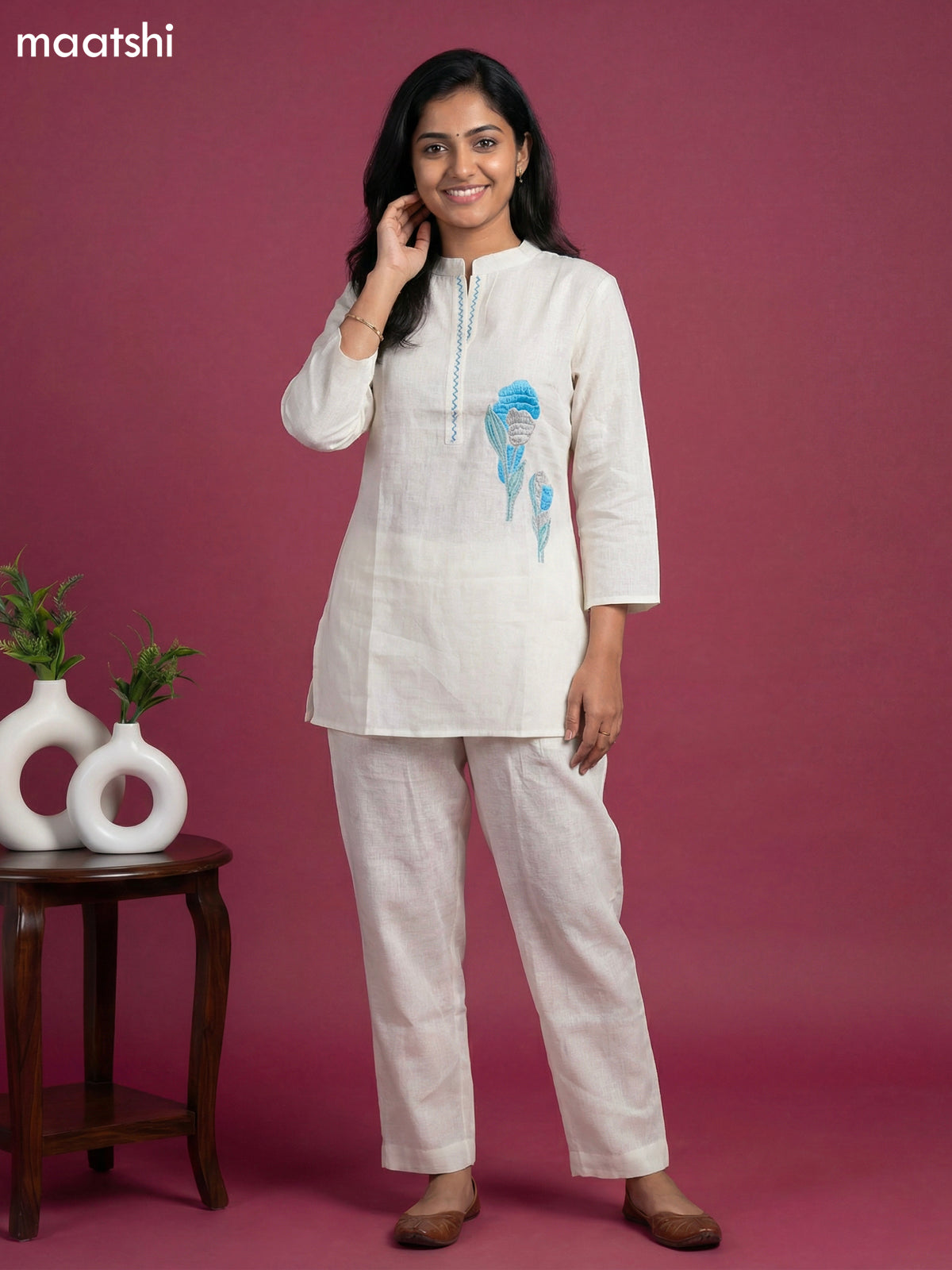 Cream and Light Blue Linen Cotton Simple Floral Embroidery Work Short Co-Ord Set