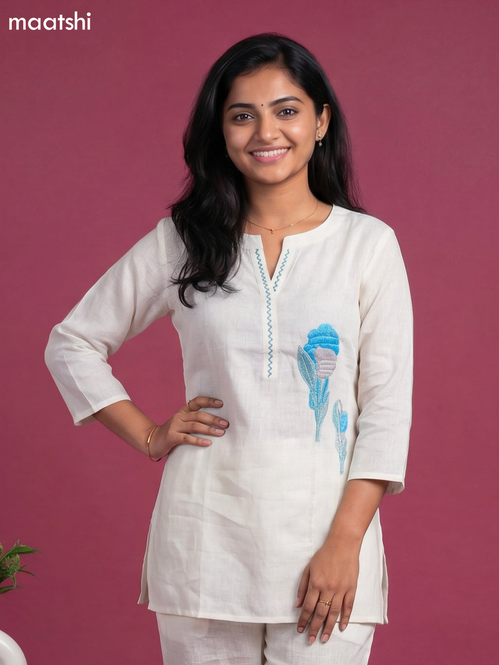 Cream and Light Blue Linen Cotton Simple Floral Embroidery Work Short Co-Ord Set