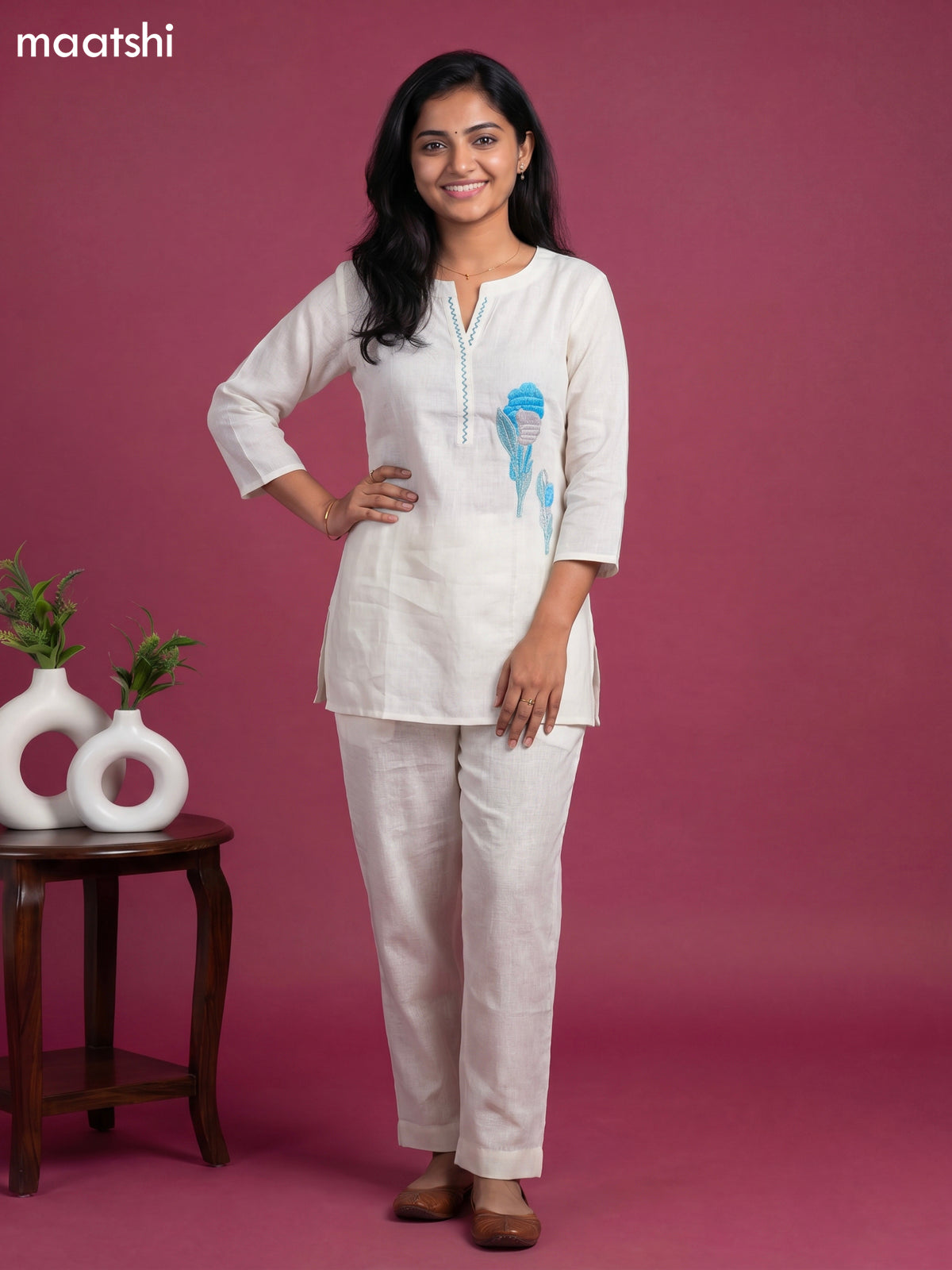 Cream and Light Blue Linen Cotton Simple Floral Embroidery Work Short Co-Ord Set