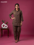 Dark Brown Cotton Embroidery Work Short Co-Ord Set