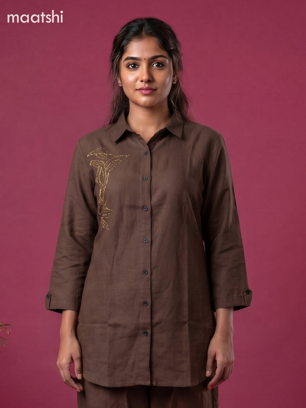 Dark Brown Cotton Embroidery Work Short Co-Ord Set