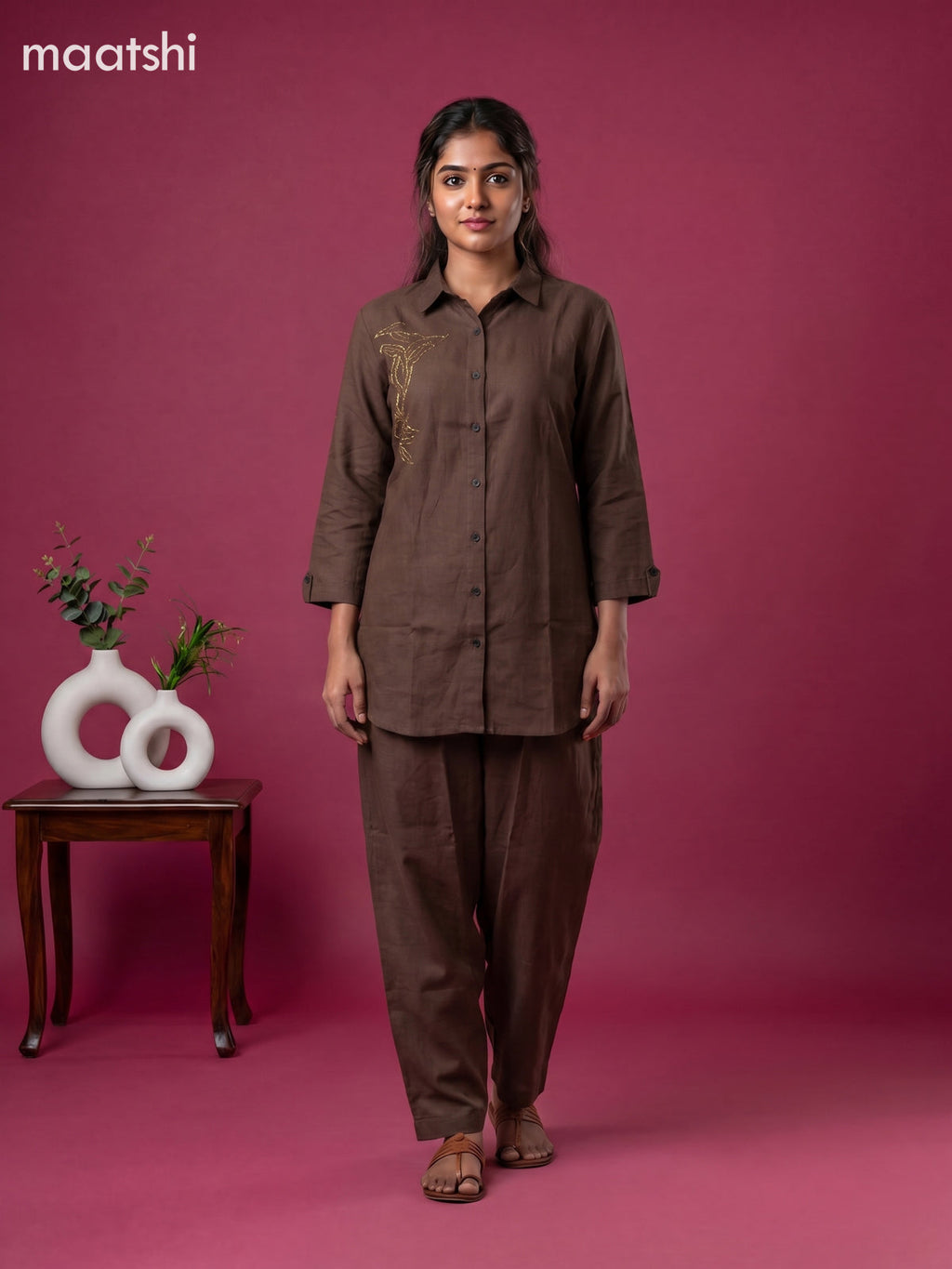Dark Brown Cotton Embroidery Work Short Co-Ord Set